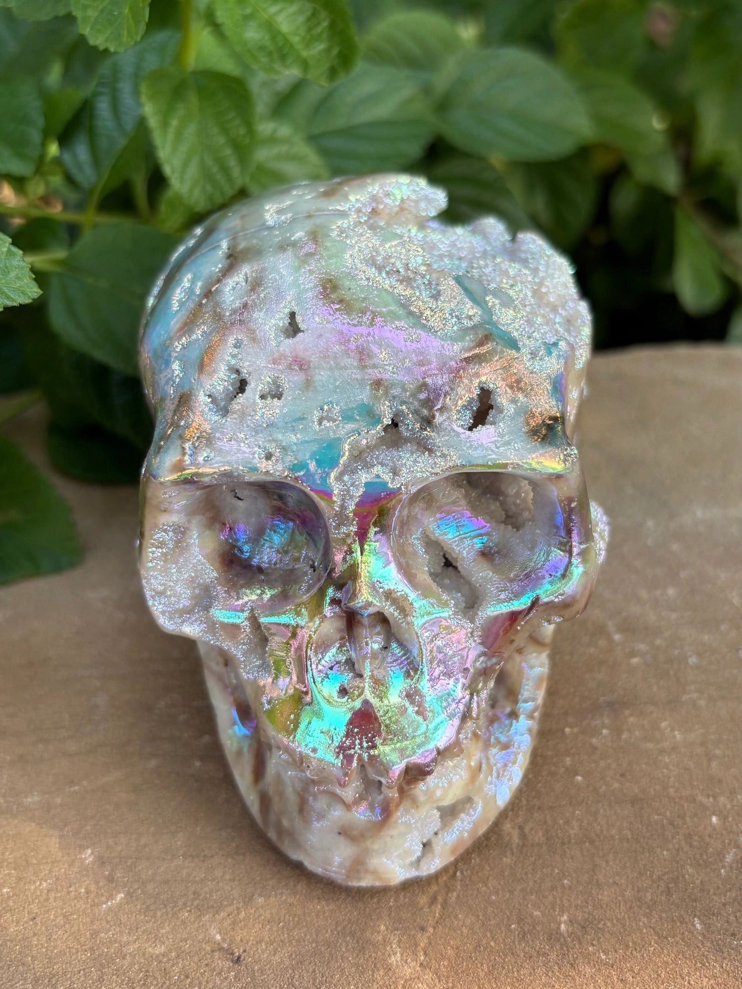 🌈 Titanium Aura Druzy Skull – Transformation, Protection & Rainbow Brain Power | 1.84 lbs.