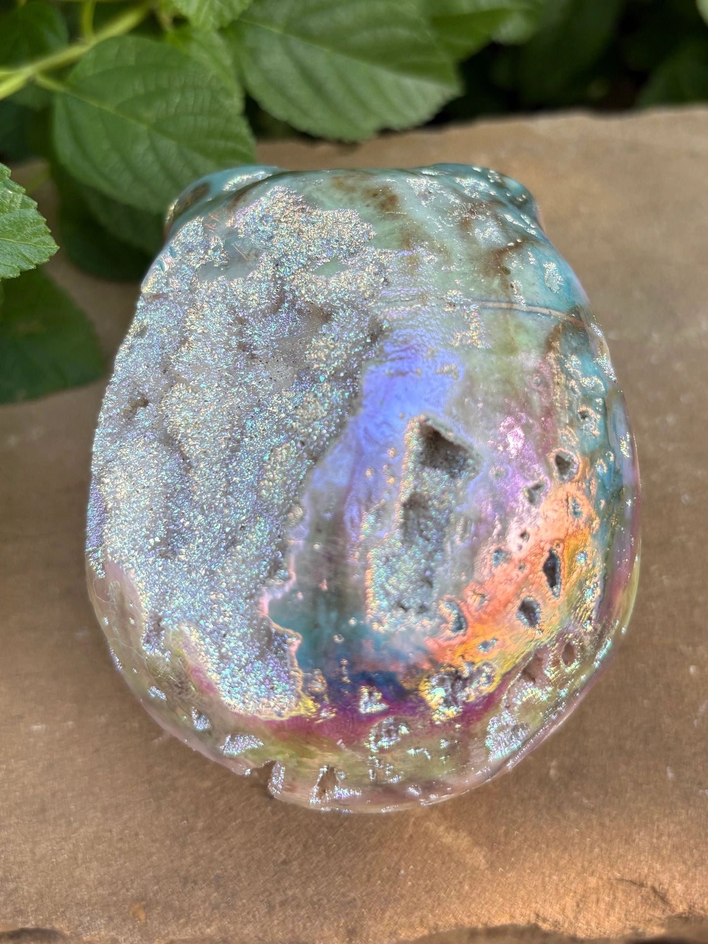 🌈 Titanium Aura Druzy Skull – Transformation, Protection & Rainbow Brain Power | 1.84 lbs.
