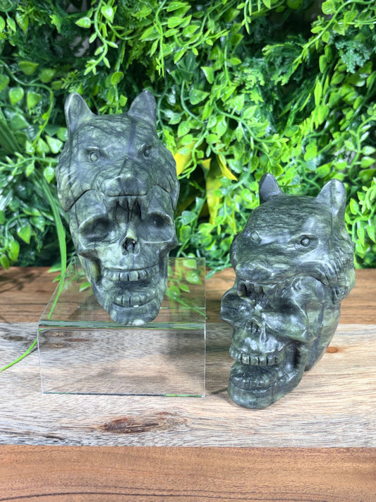 Serpentine Jade Carved Wolf on Skull - Protection, Strength, & Wisdom