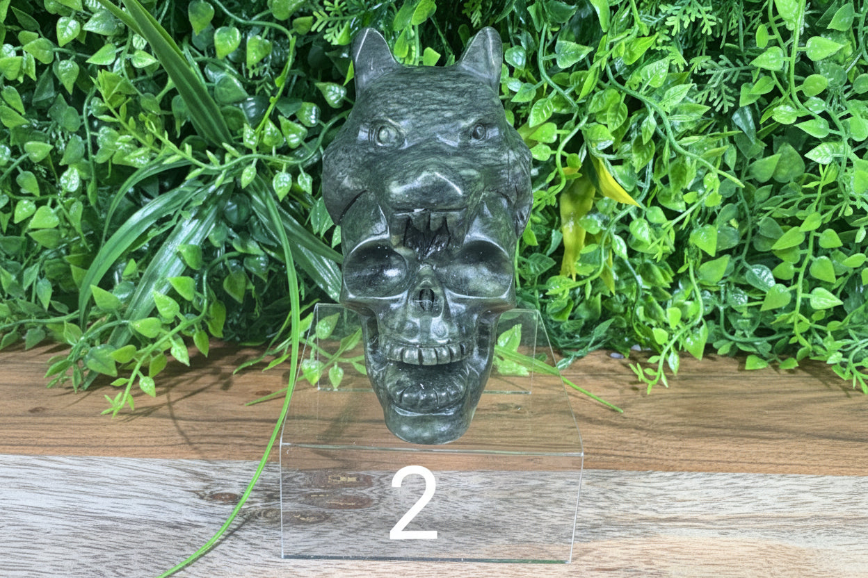 Serpentine Jade Carved Wolf on Skull - Protection, Strength, & Wisdom