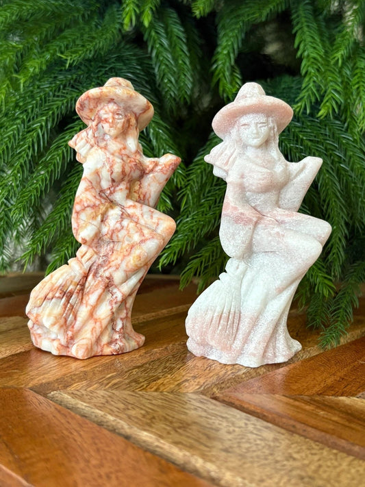 🧙‍♀️ Pink Opal or Red Map Stone Witch – Magic, Feminine Power & Fearless Flight | 4" Carving