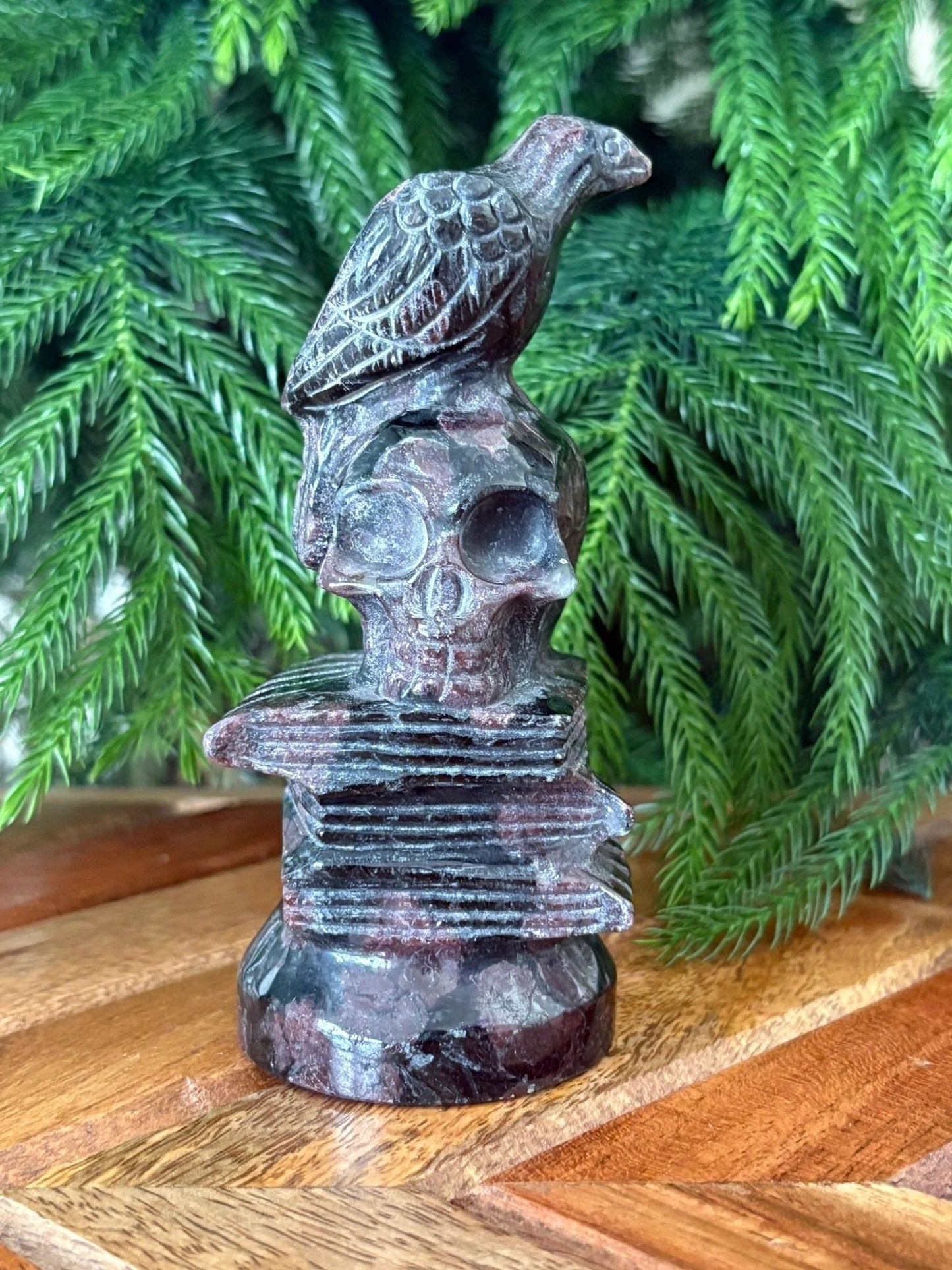 Raven on Skull & Books Statue – Wisdom, Transformation & Protection | Garnet, Red Vein Jasper, or Clear Quartz