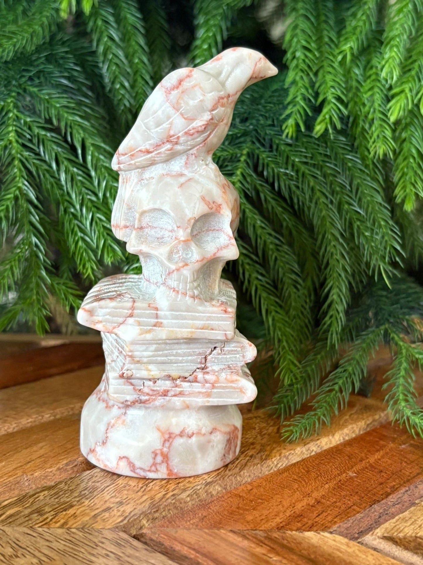 Raven on Skull & Books Statue – Wisdom, Transformation & Protection | Garnet, Red Vein Jasper, or Clear Quartz