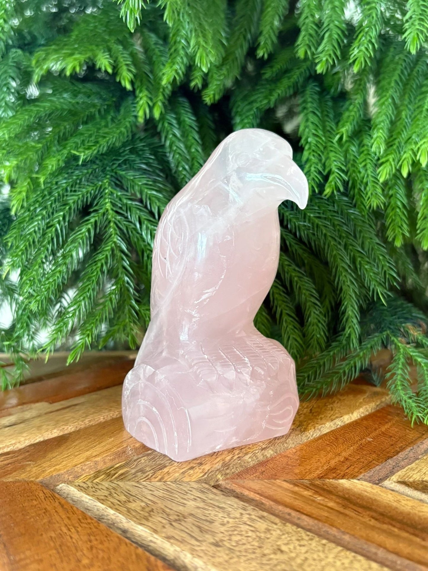 💗 Rose Quartz Raven on Log – Love, Renewal & Higher Insight | 1.3 lbs.