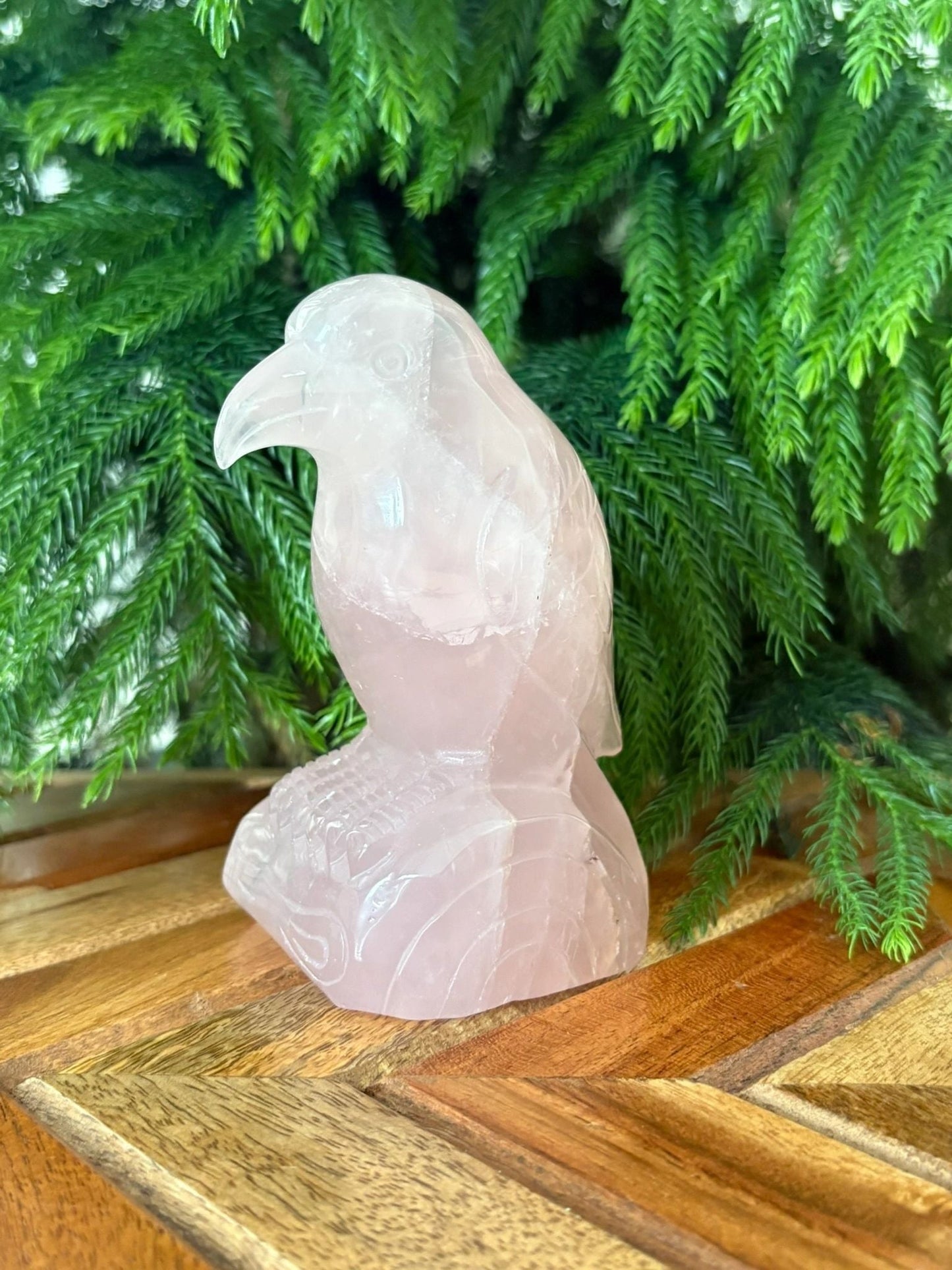 💗 Rose Quartz Raven on Log – Love, Renewal & Higher Insight | 1.3 lbs.