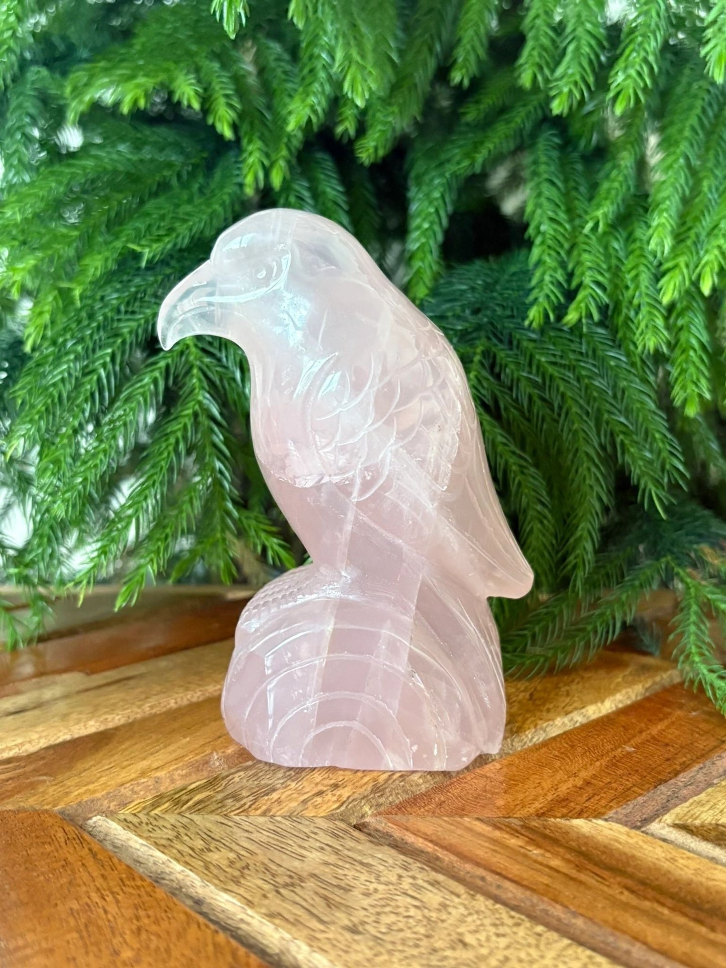 💗 Rose Quartz Raven on Log – Love, Renewal & Higher Insight | 1.3 lbs.