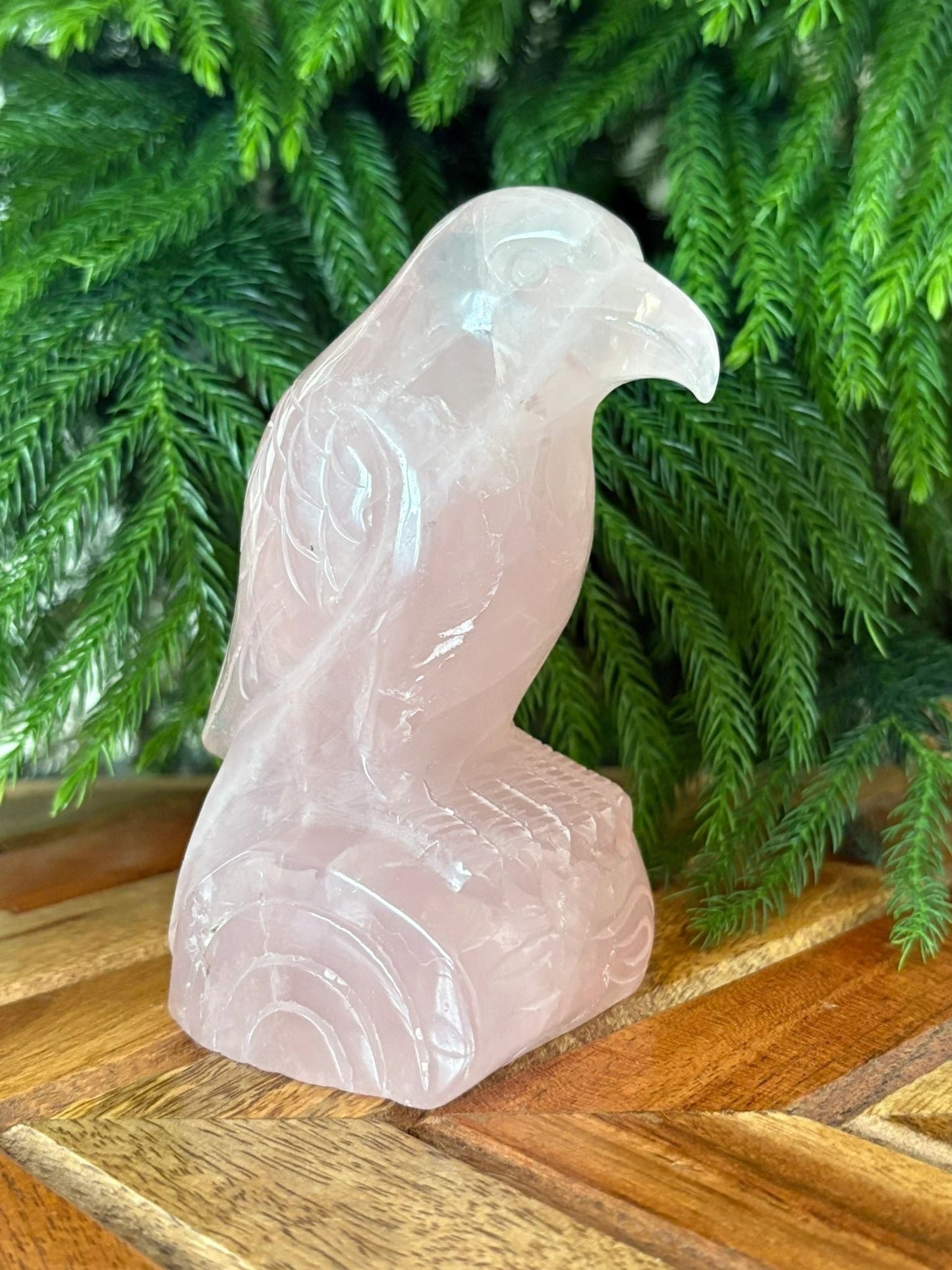 💗 Rose Quartz Raven on Log – Love, Renewal & Higher Insight | 1.3 lbs.