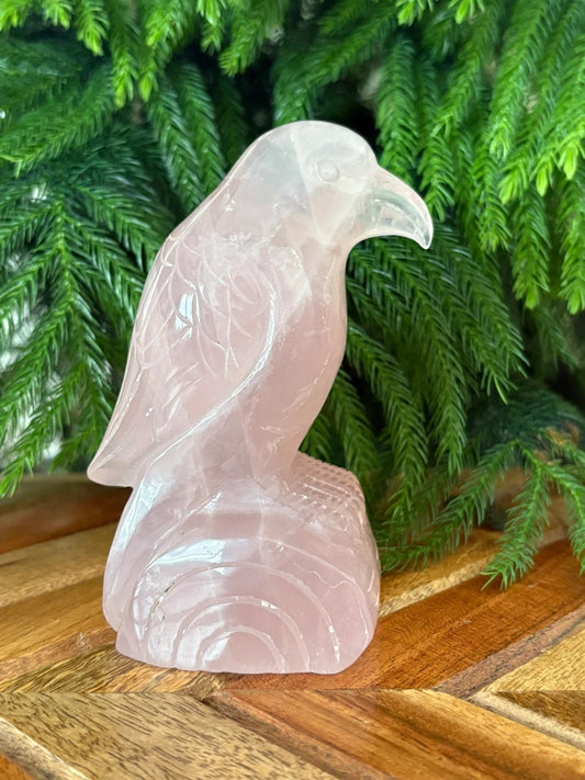 💗 Rose Quartz Raven on Log – Love, Renewal & Higher Insight | 1.3 lbs.