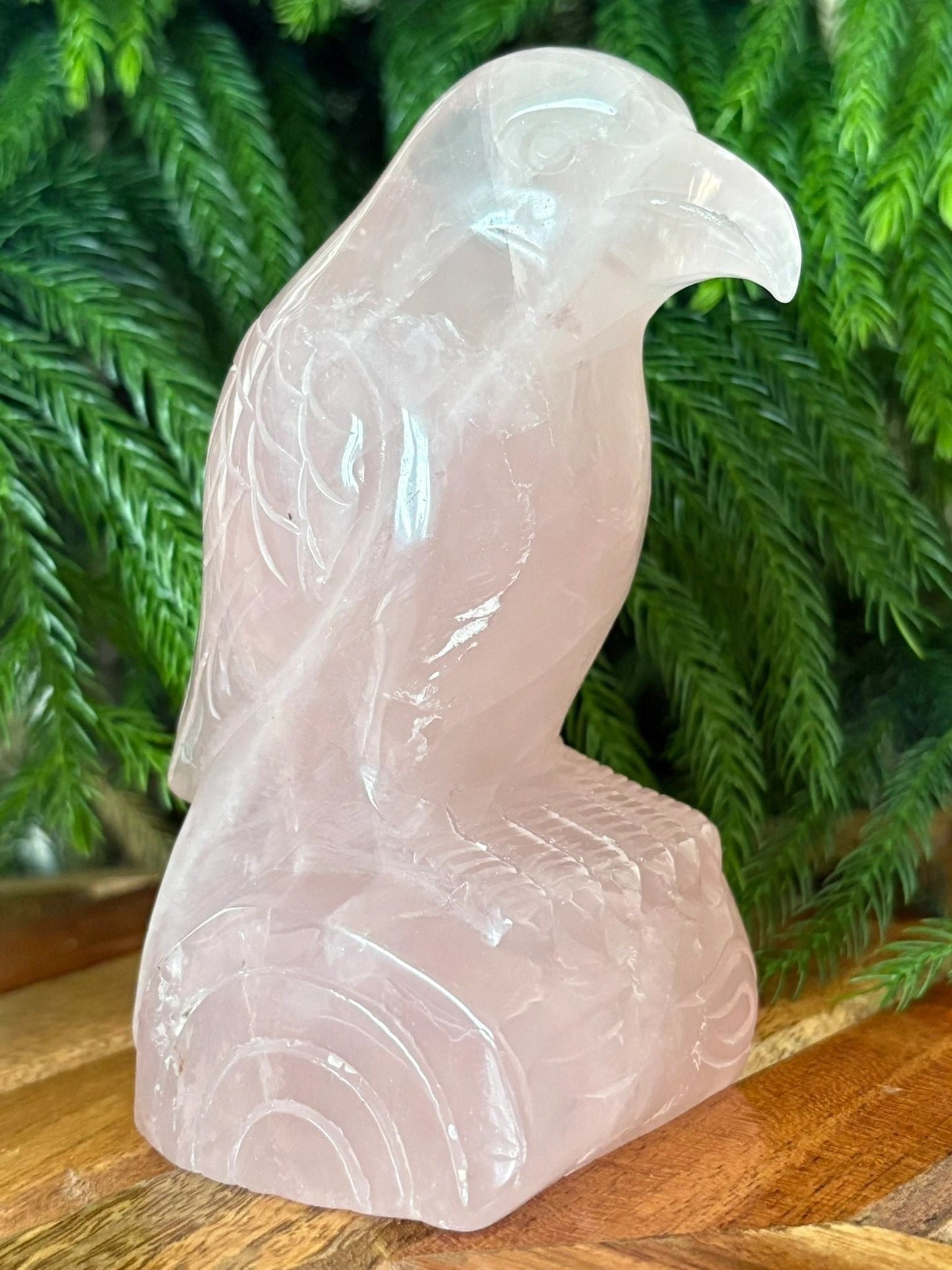 💗 Rose Quartz Raven on Log – Love, Renewal & Higher Insight | 1.3 lbs.