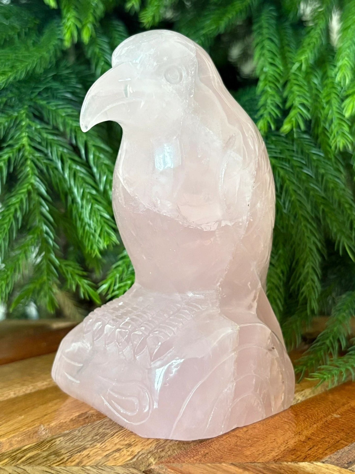 💗 Rose Quartz Raven on Log – Love, Renewal & Higher Insight | 1.3 lbs.