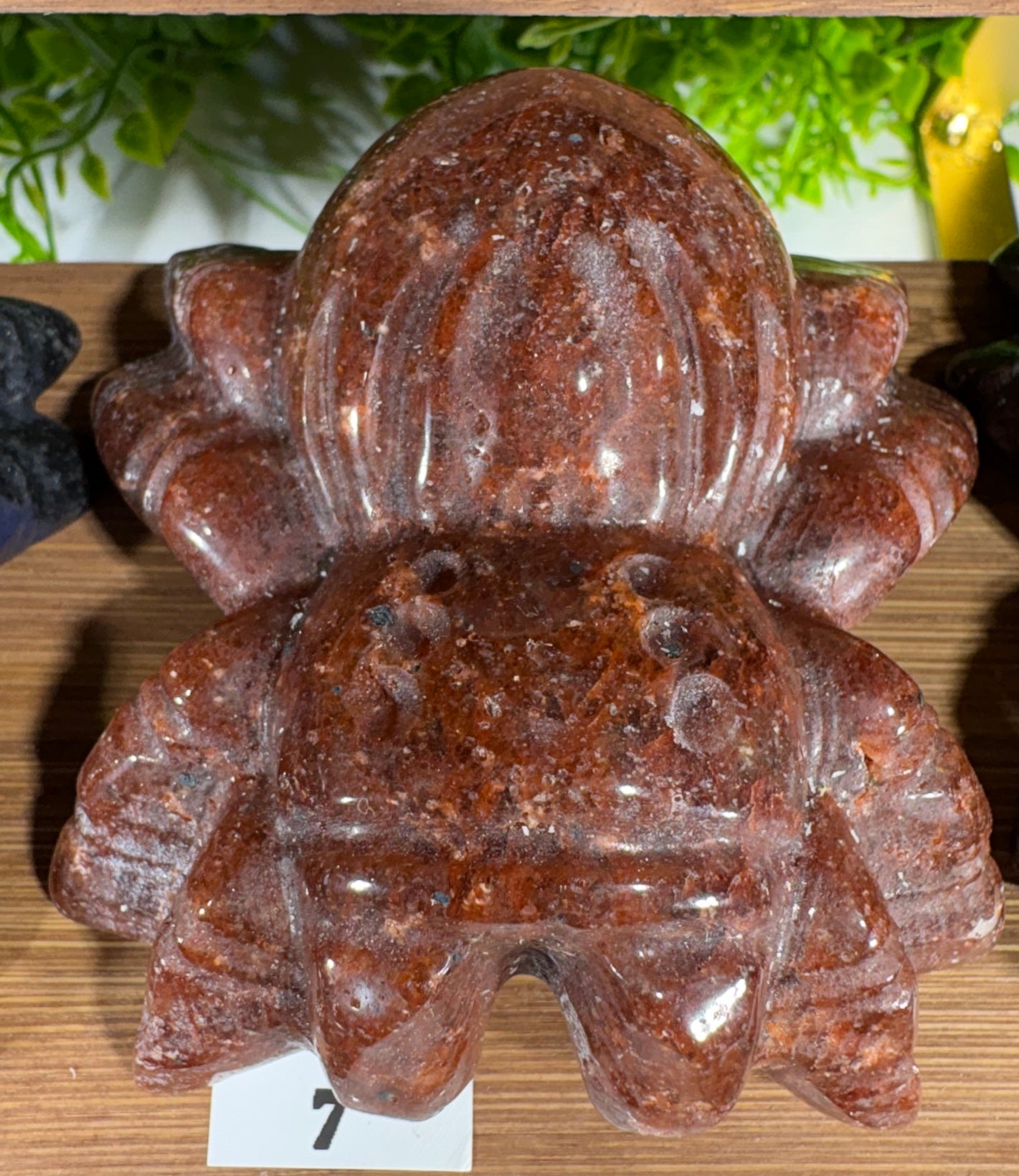 A carved reddish-brown stone spider figurine with a glossy finish, displayed on a wooden surface with green foliage in the background.