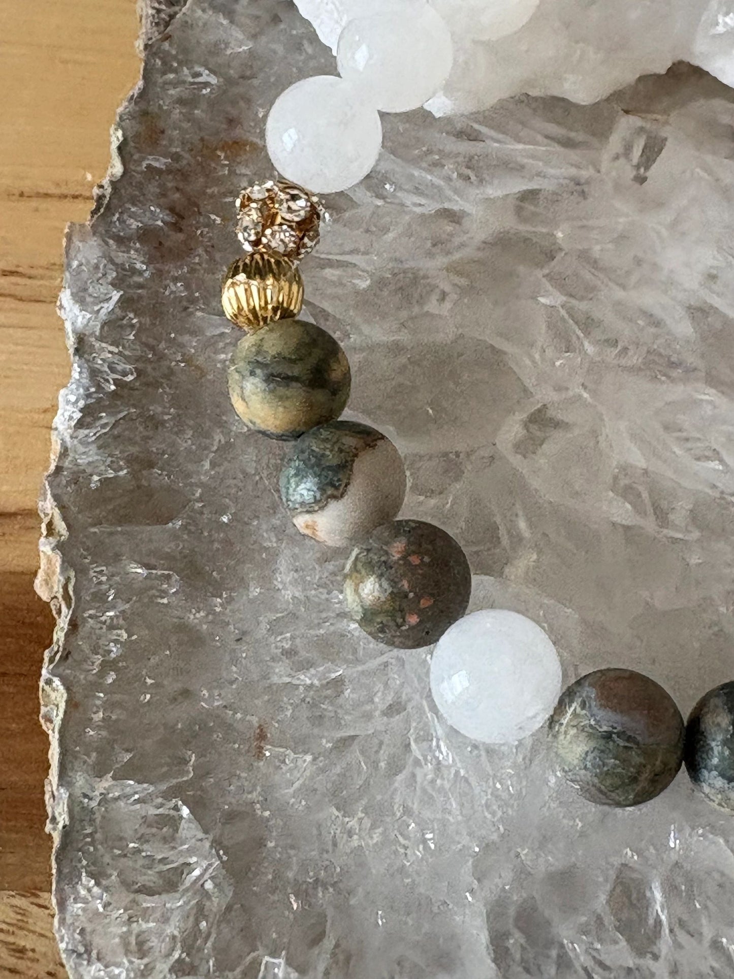 8mm Rainforest Jasper & Milky White Quartz Crystal Bracelet – Grounding • Balance • Earth Connection