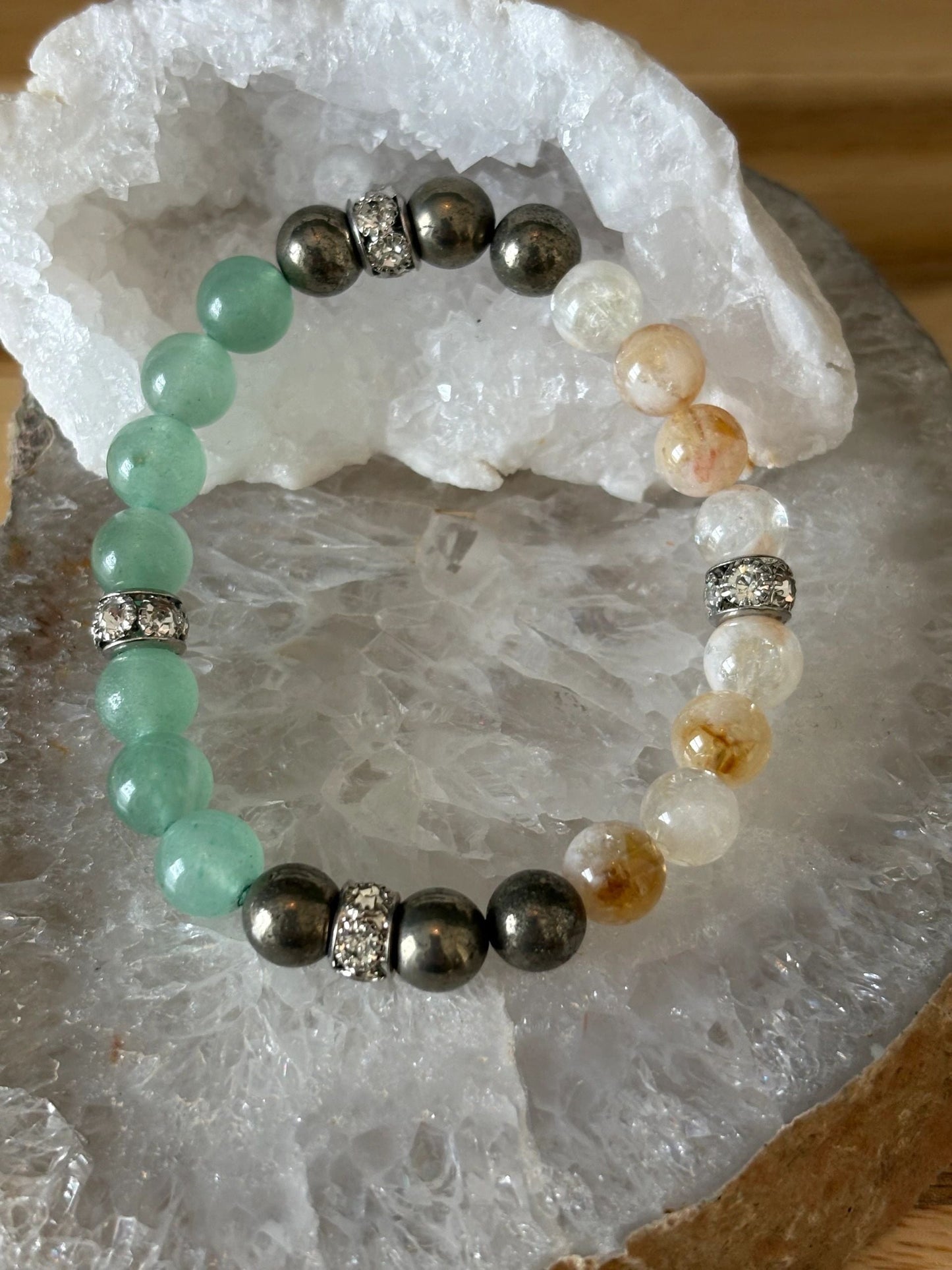 Aventurine, Pyrite & Citrine Bracelet with Silver Rhinestone Accents – 8mm