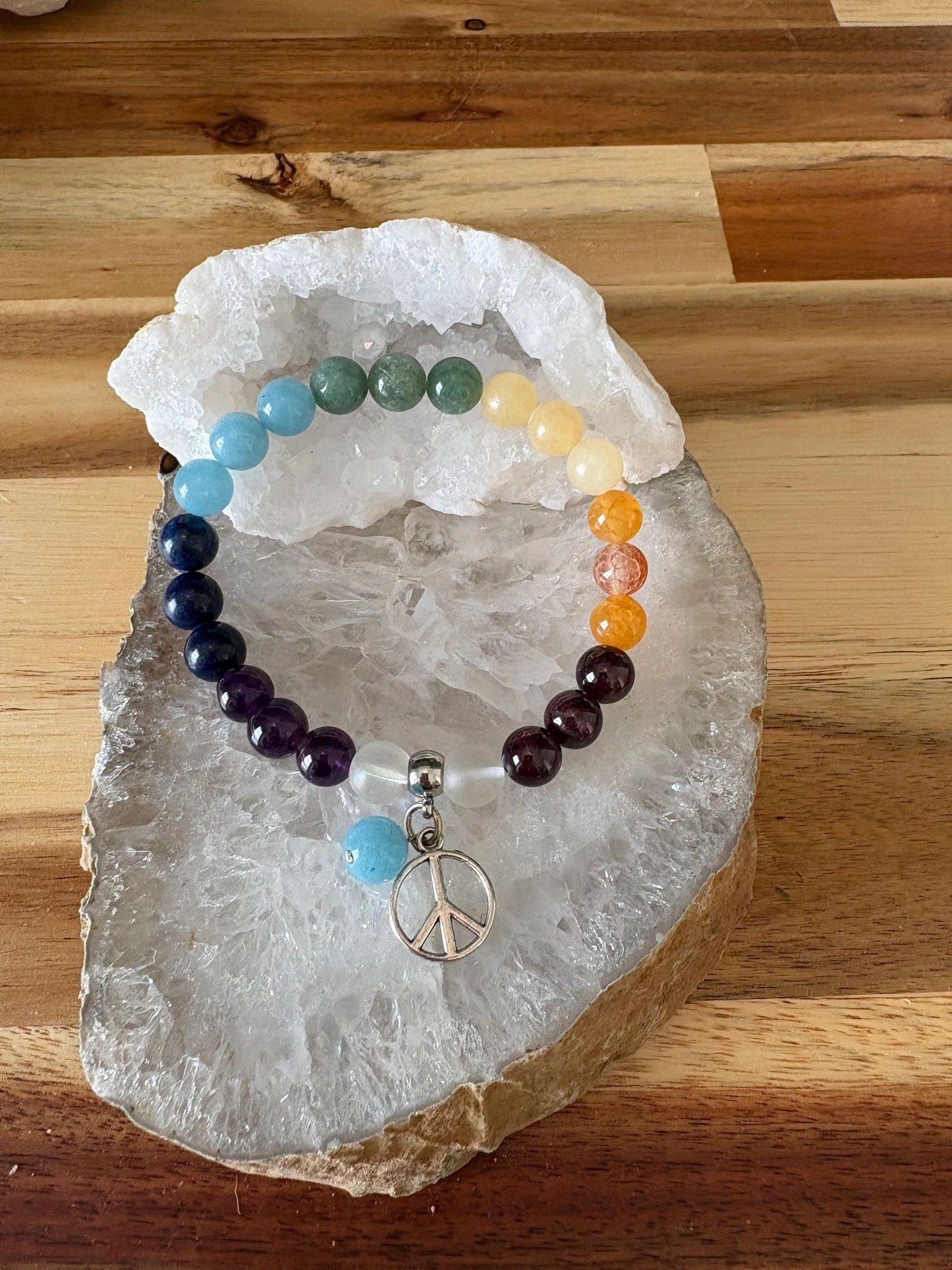 7-Chakra Natural Stone Bracelet with Blue Aventurine Peace Charm & Iridescent Glass Accents – 8mm