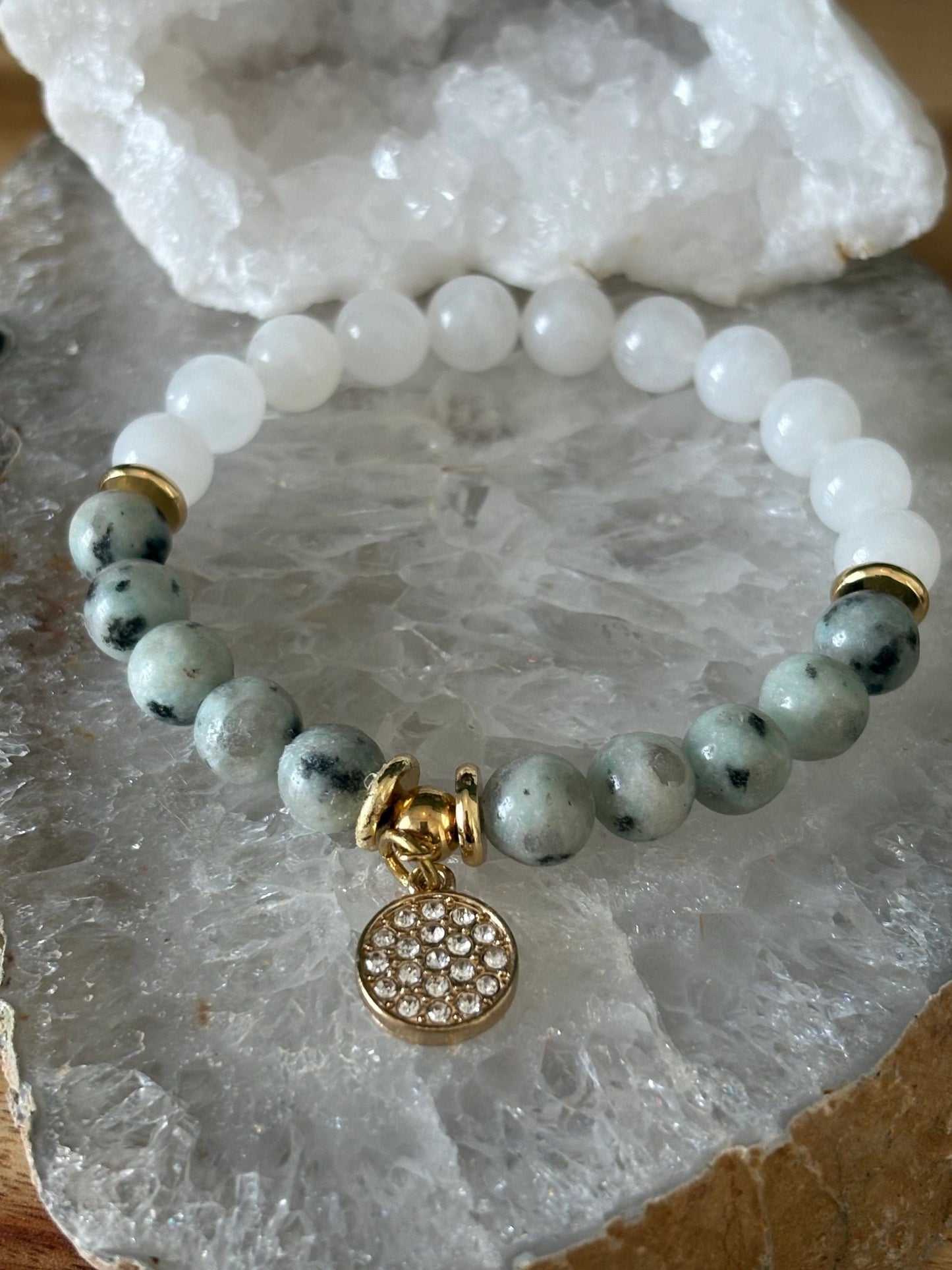 8mm Lotus Jasper & Milky Quartz Crystal Bracelet – Harmony • Grounding • Light