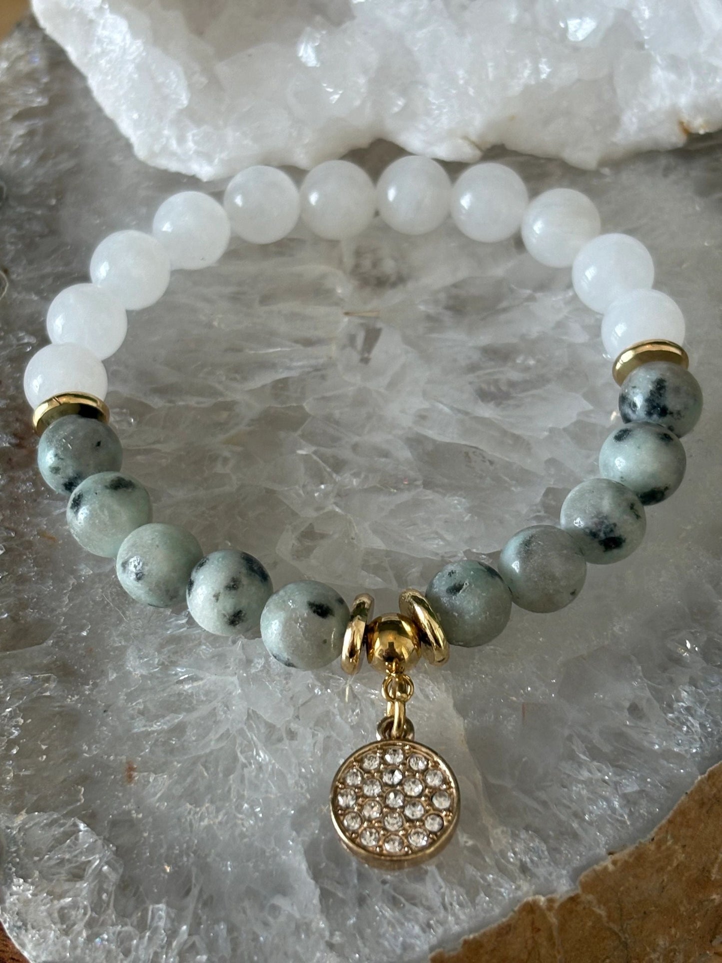 8mm Lotus Jasper & Milky Quartz Crystal Bracelet – Harmony • Grounding • Light