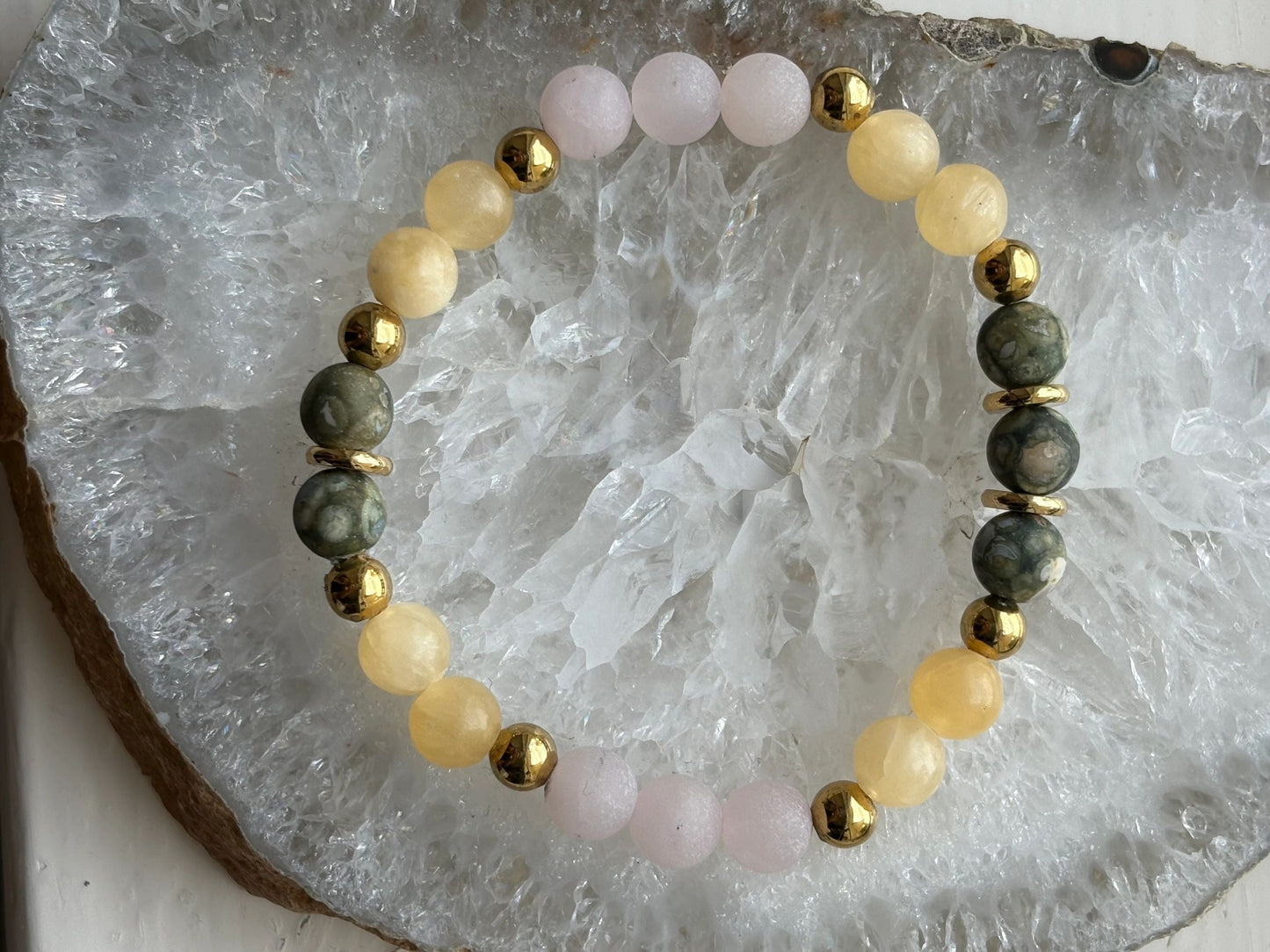 8mm Yellow Calcite, Matte Rose Quartz & Matte Rainforest Jasper Bracelet – Joy