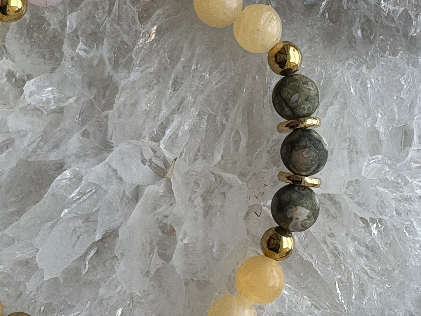 8mm Yellow Calcite, Matte Rose Quartz & Matte Rainforest Jasper Bracelet – Joy