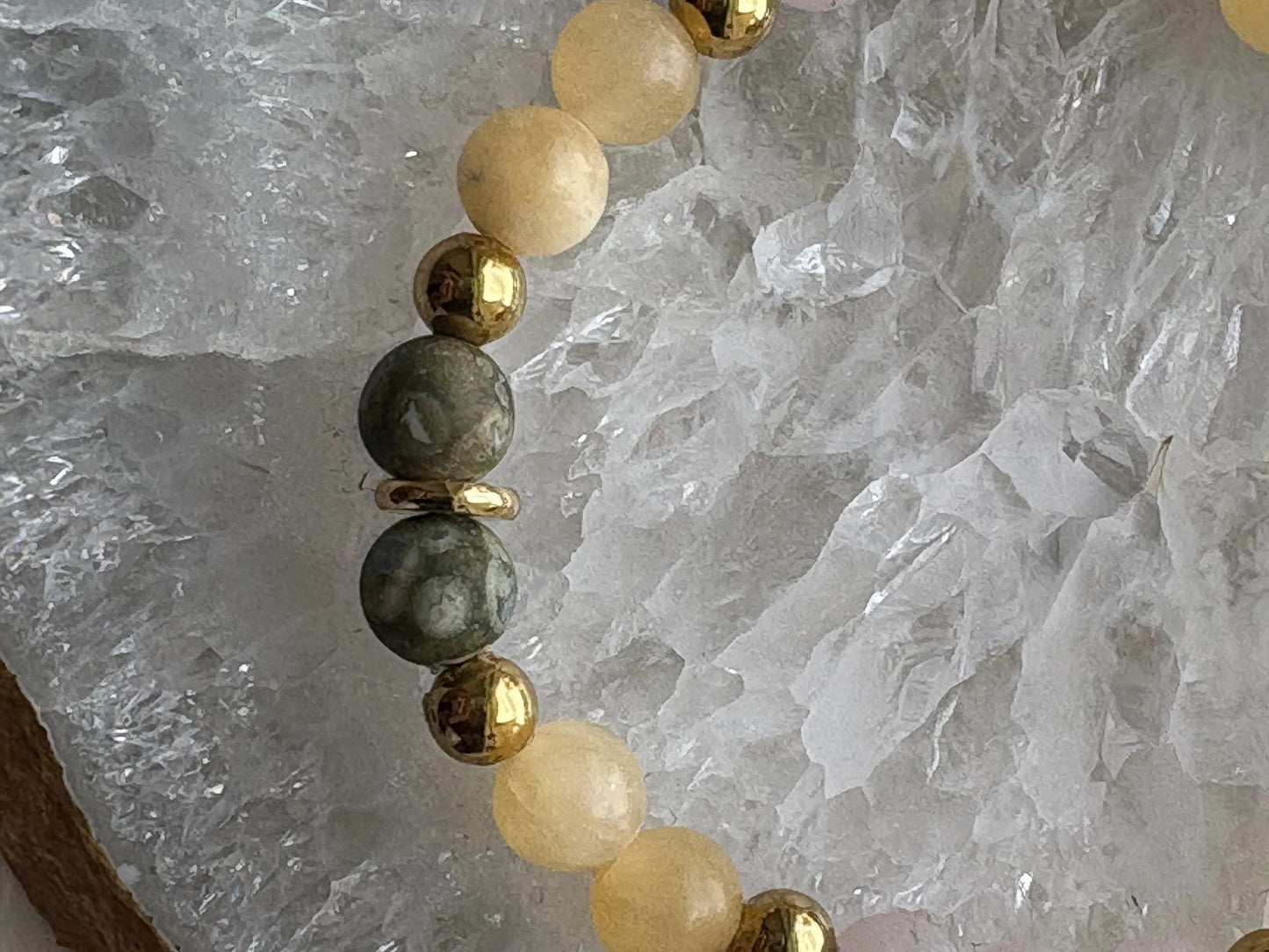 8mm Yellow Calcite, Matte Rose Quartz & Matte Rainforest Jasper Bracelet – Joy