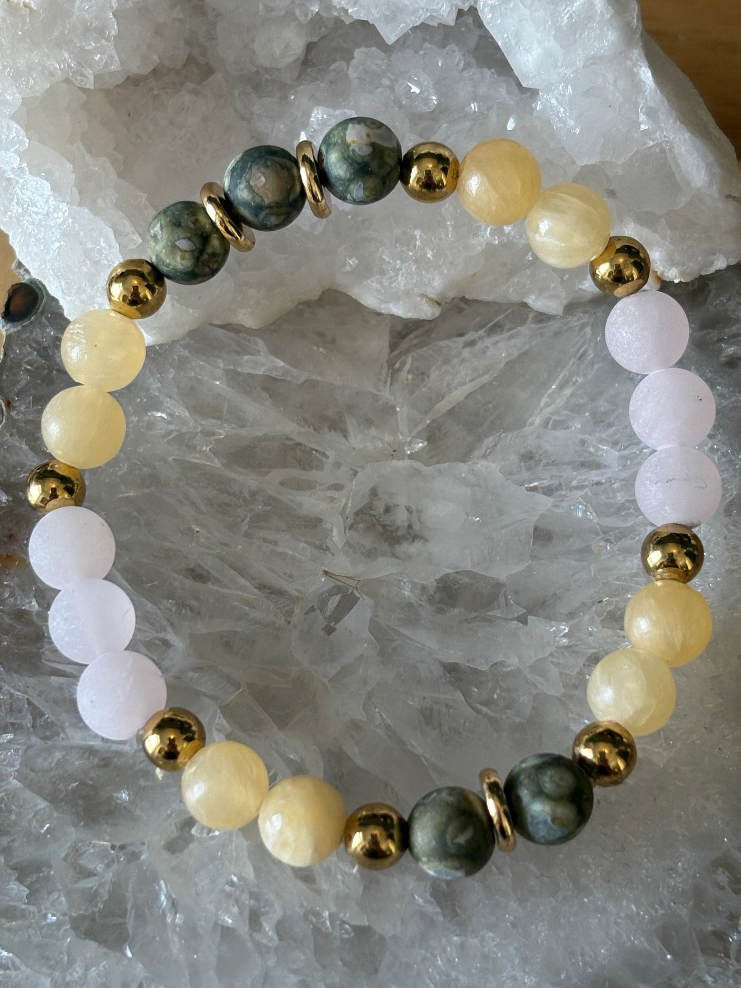 8mm Yellow Calcite, Matte Rose Quartz & Matte Rainforest Jasper Bracelet – Joy
