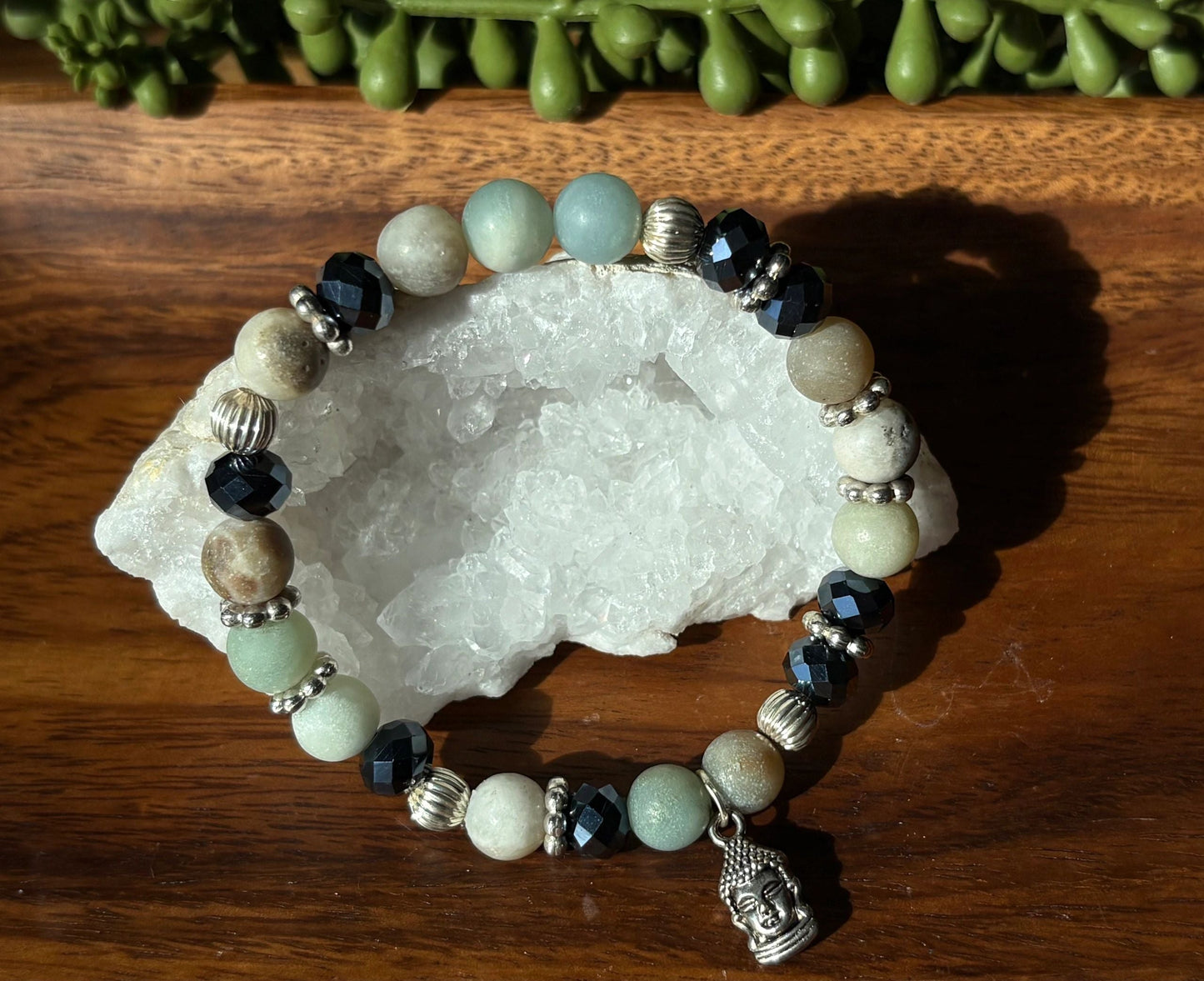 Matte Amazonite Bracelet with Buddha Charm – Supports Communication, Emotional Balance, and Inner Peace