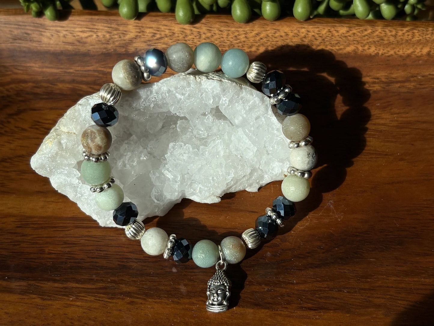 Matte Amazonite Bracelet with Buddha Charm – Supports Communication, Emotional Balance, and Inner Peace