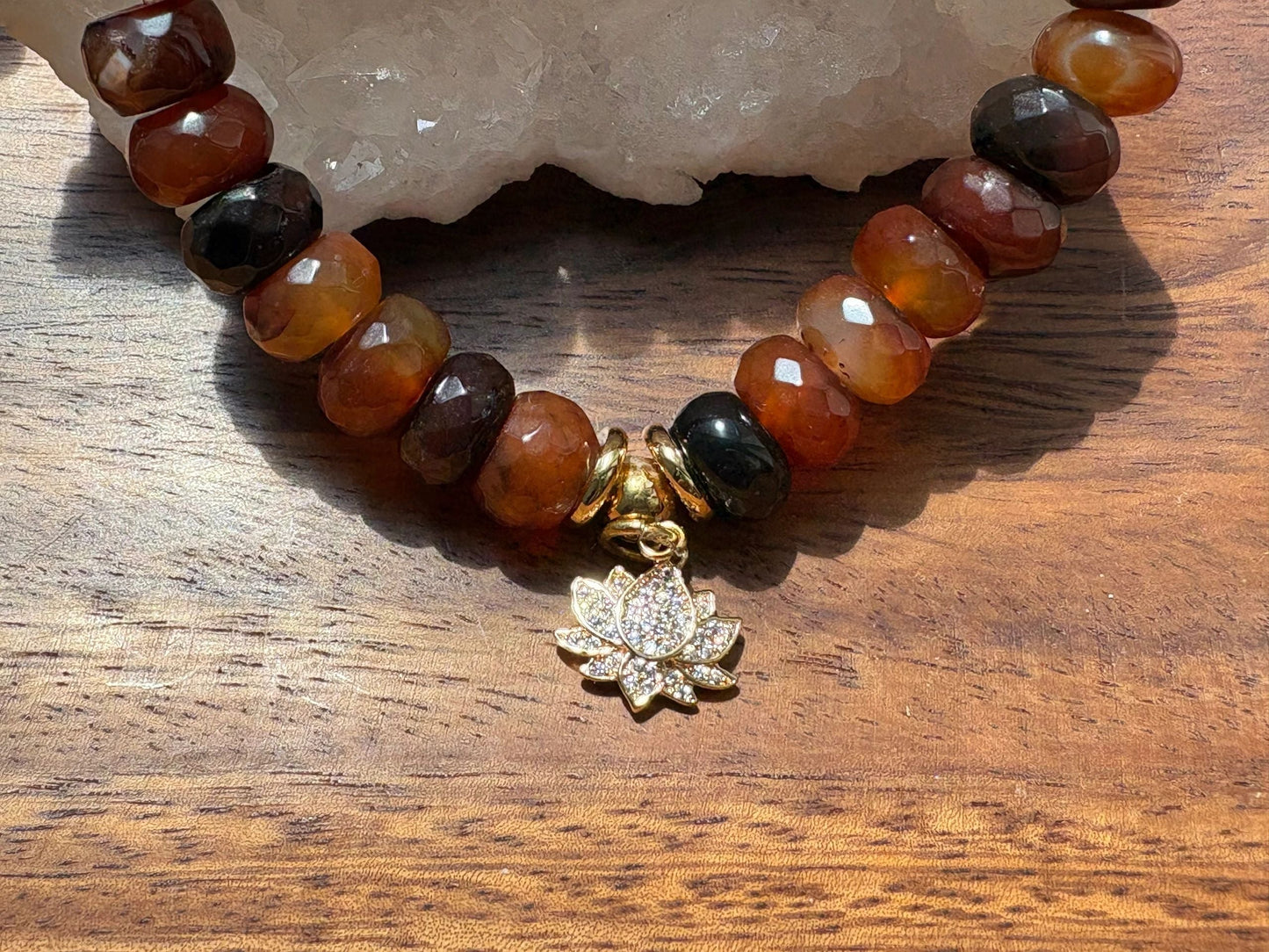 10mm Faceted Carnelian Agate Bracelet 14k Gold Rhinestone Pave Lotus Charm & Gold Disk Accents