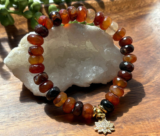 10mm Faceted Carnelian Agate Bracelet 14k Gold Rhinestone Pave Lotus Charm & Gold Disk Accents