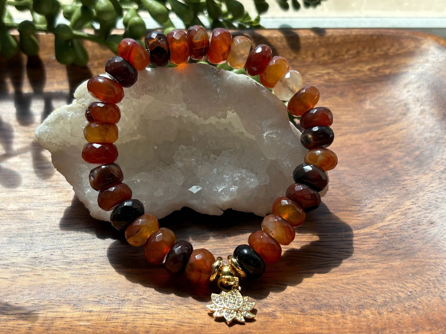 10mm Faceted Carnelian Agate Bracelet 14k Gold Rhinestone Pave Lotus Charm & Gold Disk Accents