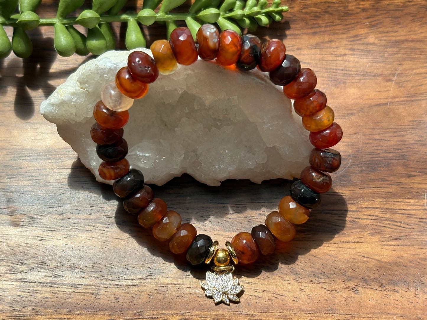 10mm Faceted Carnelian Agate Bracelet 14k Gold Rhinestone Pave Lotus Charm & Gold Disk Accents