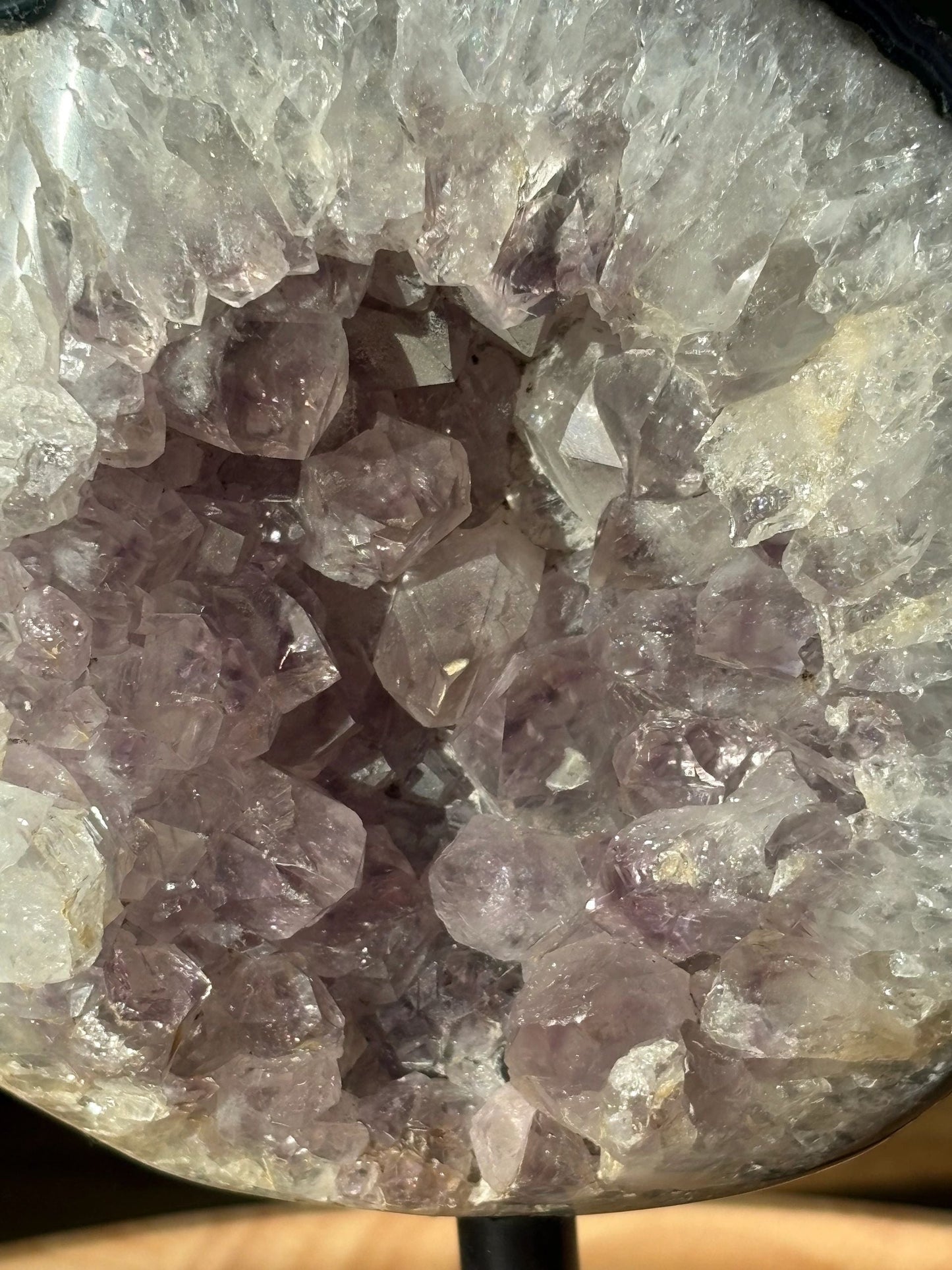 💜 Raw Amethyst & White Quartz Geode on Stand – Illumination, Peace & Higher Wisdom | 1.81 lbs