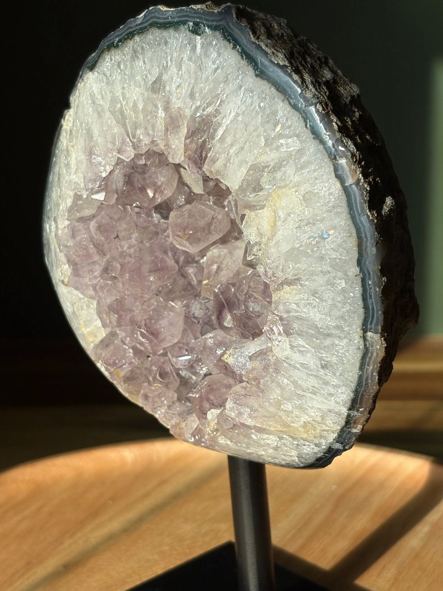 💜 Raw Amethyst & White Quartz Geode on Stand – Illumination, Peace & Higher Wisdom | 1.81 lbs