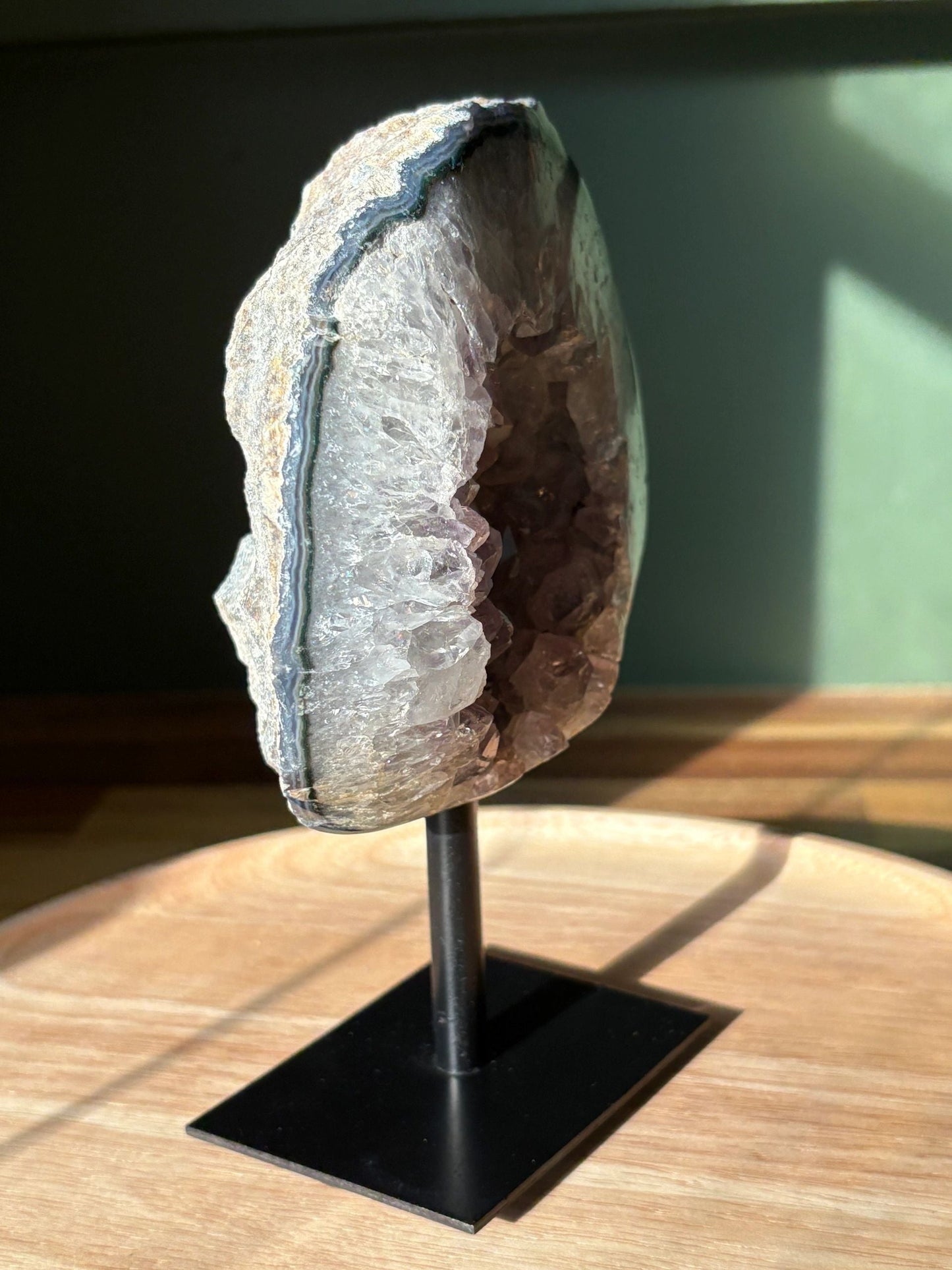 💜 Raw Amethyst & White Quartz Geode on Stand – Illumination, Peace & Higher Wisdom | 1.81 lbs