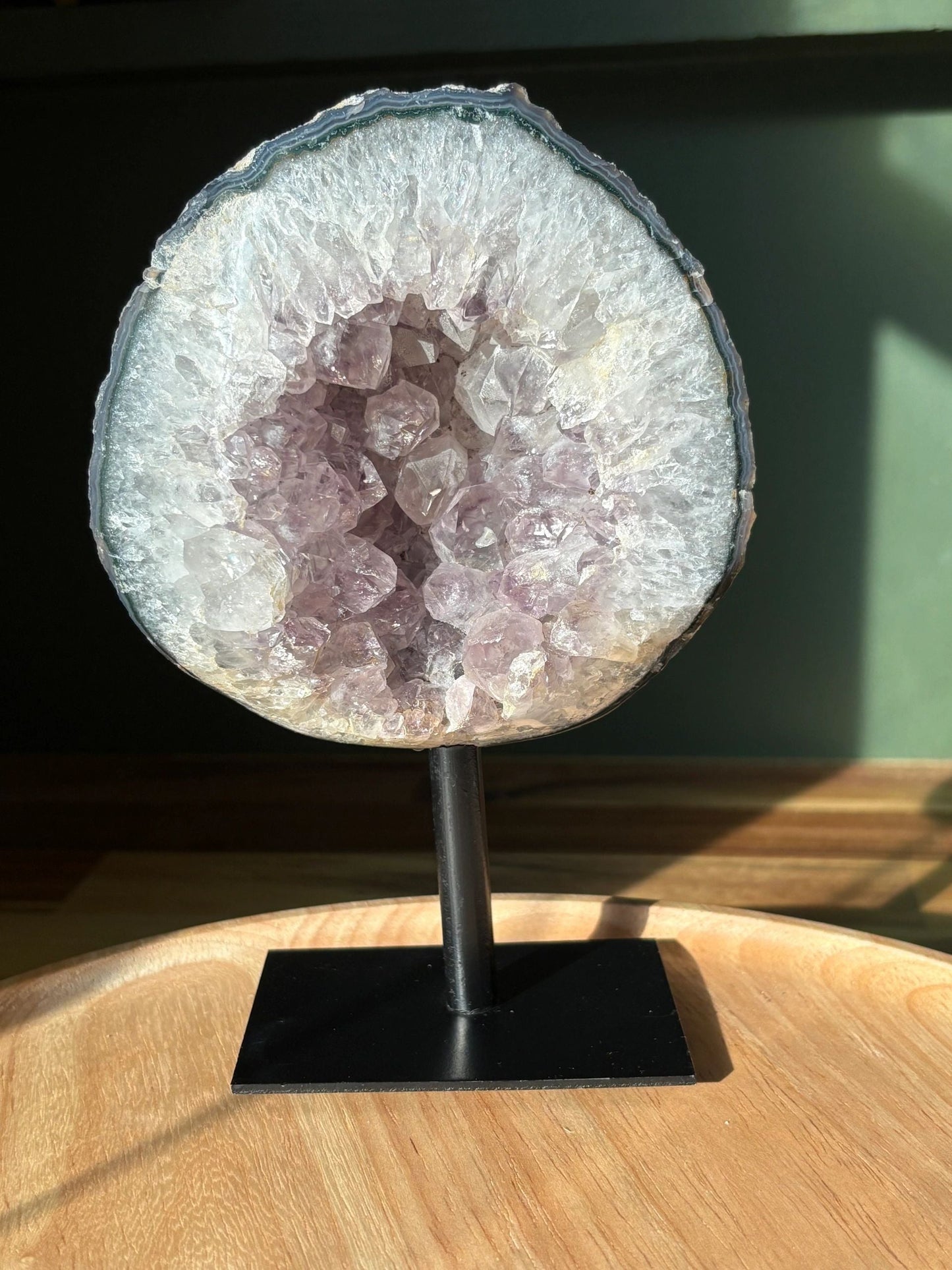 💜 Raw Amethyst & White Quartz Geode on Stand – Illumination, Peace & Higher Wisdom | 1.81 lbs
