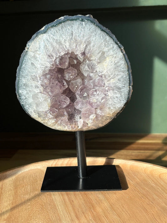 💜 Raw Amethyst & White Quartz Geode on Stand – Illumination, Peace & Higher Wisdom | 1.81 lbs
