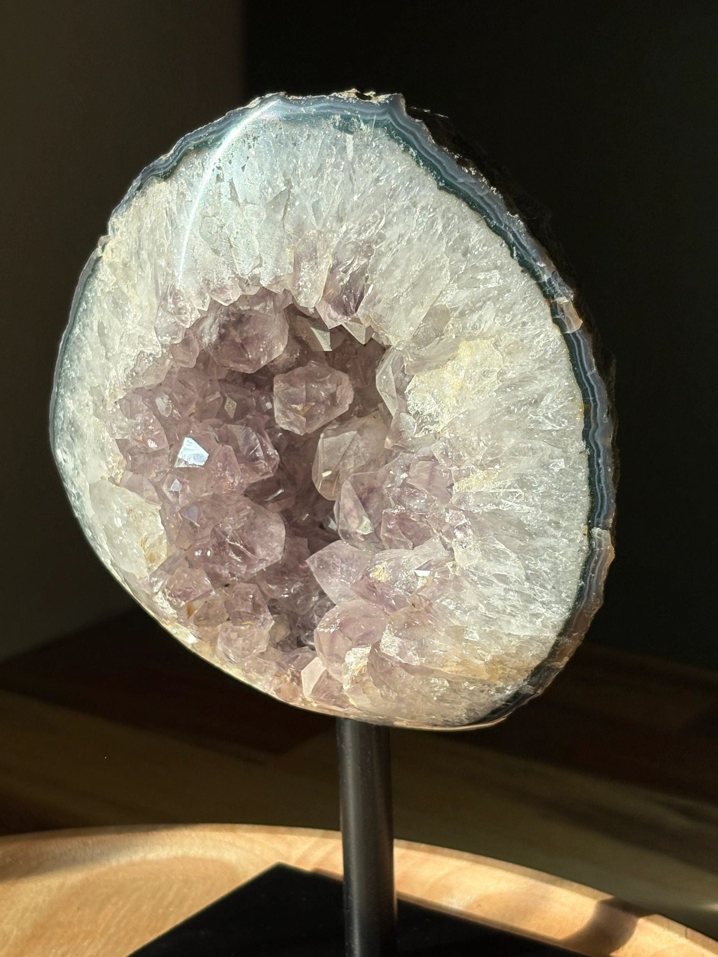 💜 Raw Amethyst & White Quartz Geode on Stand – Illumination, Peace & Higher Wisdom | 1.81 lbs