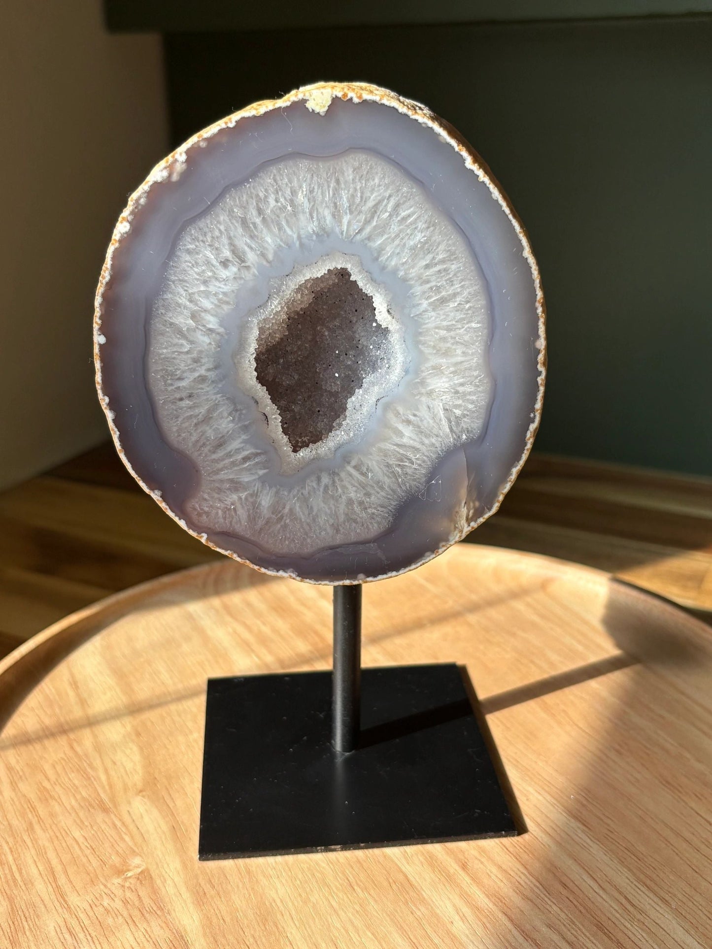 Agate Druzy Display on Stand – Calm, Intuition, Cosmic Glow | 2.27 lbs.