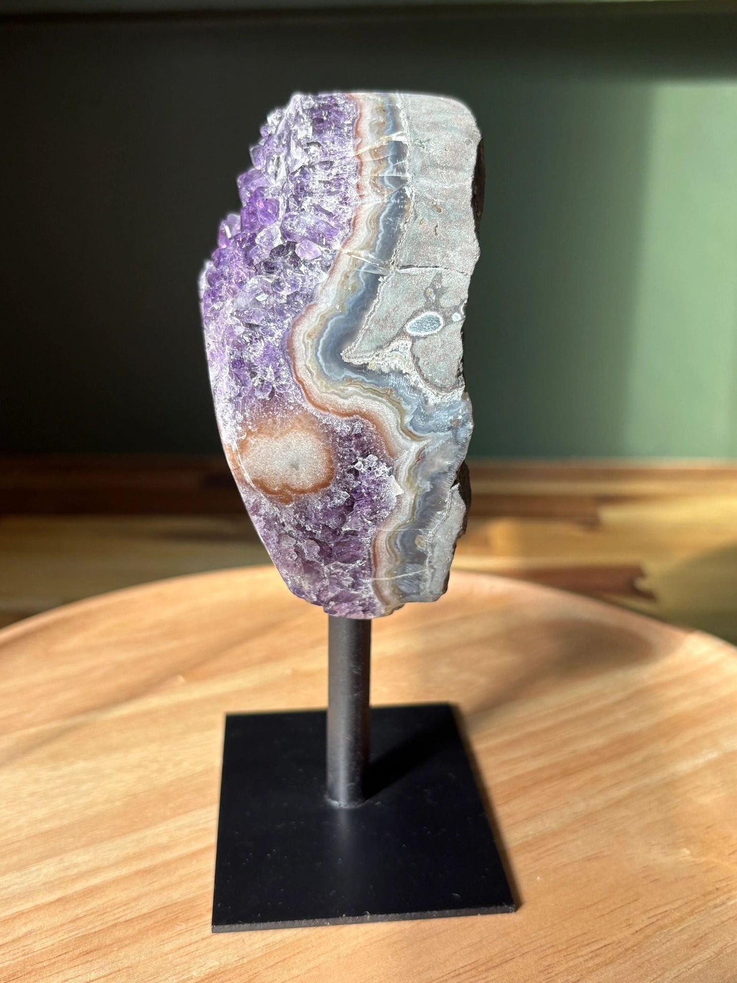 💜 Raw Amethyst & Banded Agate Freeform on Stand – Intuition, Protection & Earth Magic | 1.37 lbs