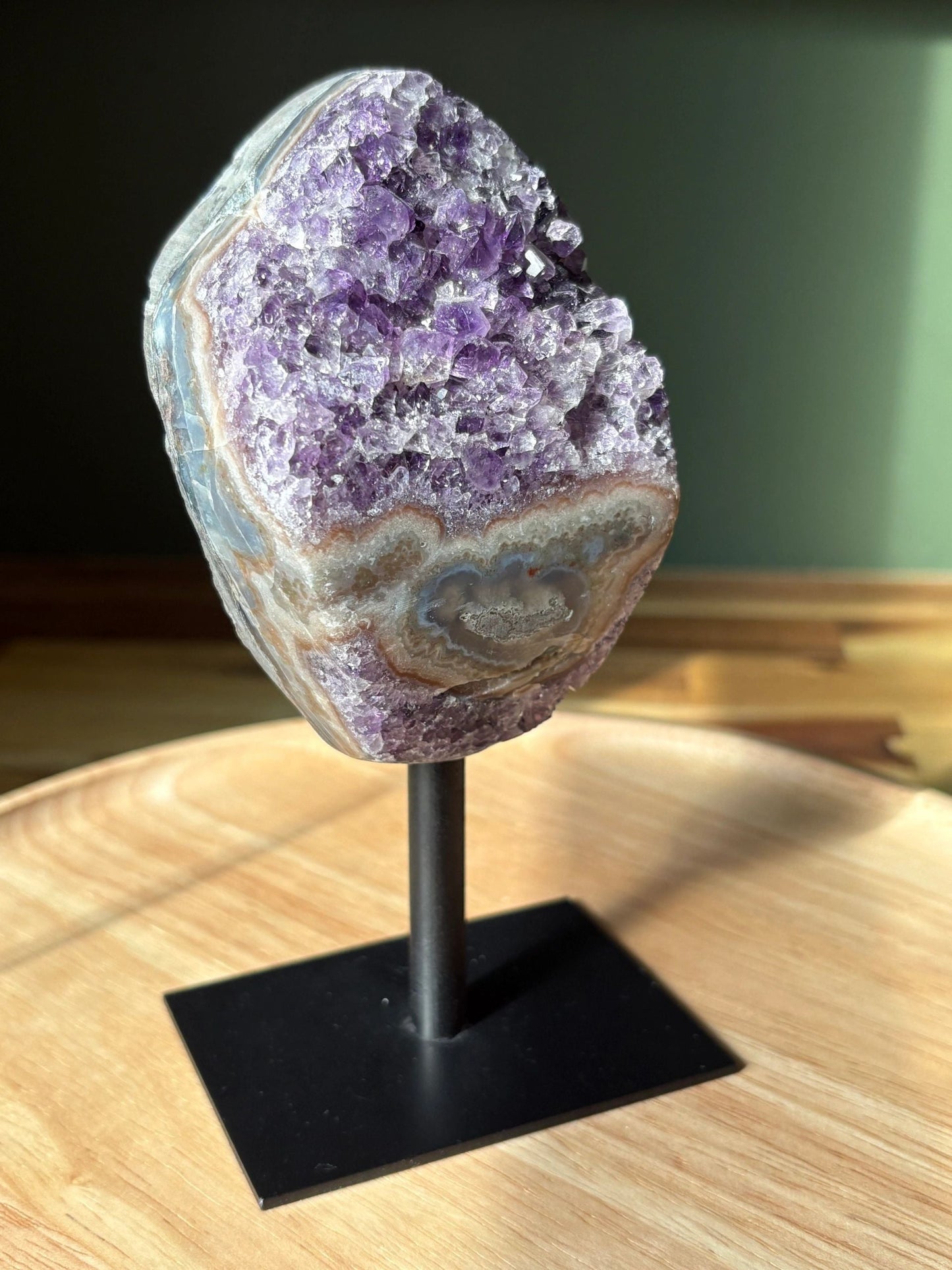 💜 Raw Amethyst & Banded Agate Freeform on Stand – Intuition, Protection & Earth Magic | 1.37 lbs