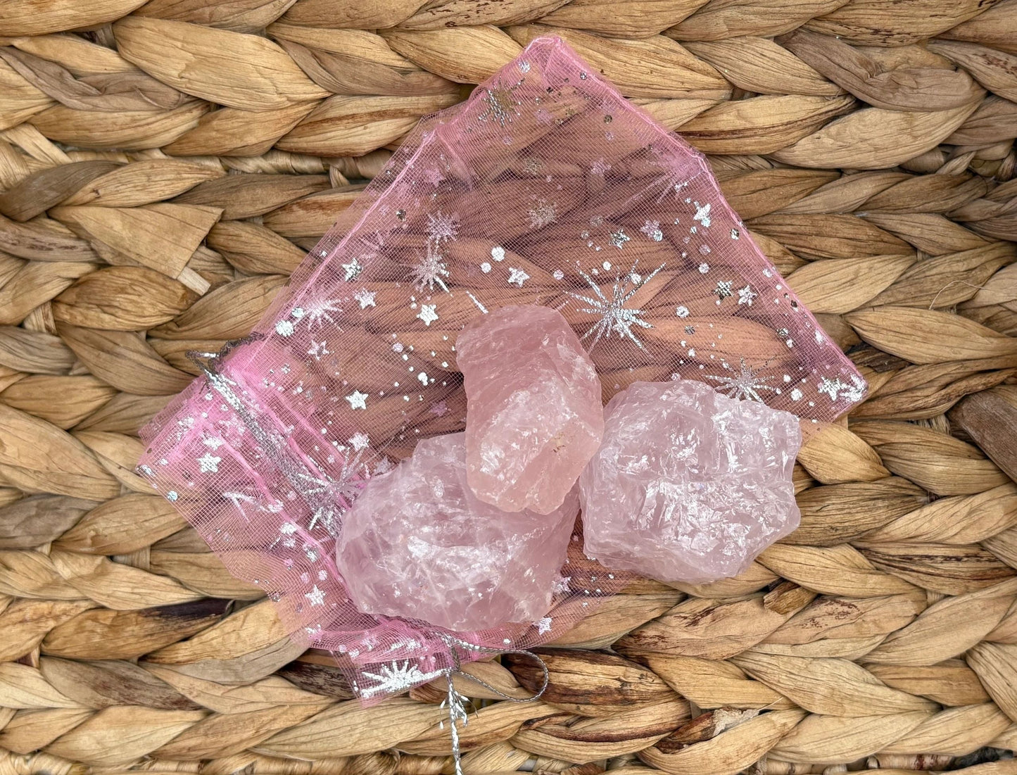 🌸 Raw Rose Quartz Mini & Standard Mesh Bag – Love, Harmony & Heart Healing | Choose Your Size