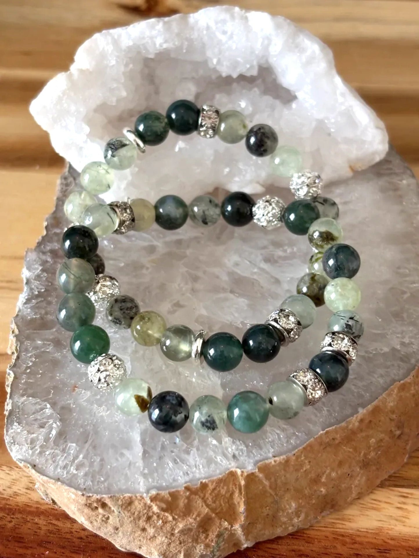 Prehnite & Moss Agate Bracelet Set with Stainless Steel Silver & Silver-Tone Rhinestone Accents – 8mm (Set of 2)