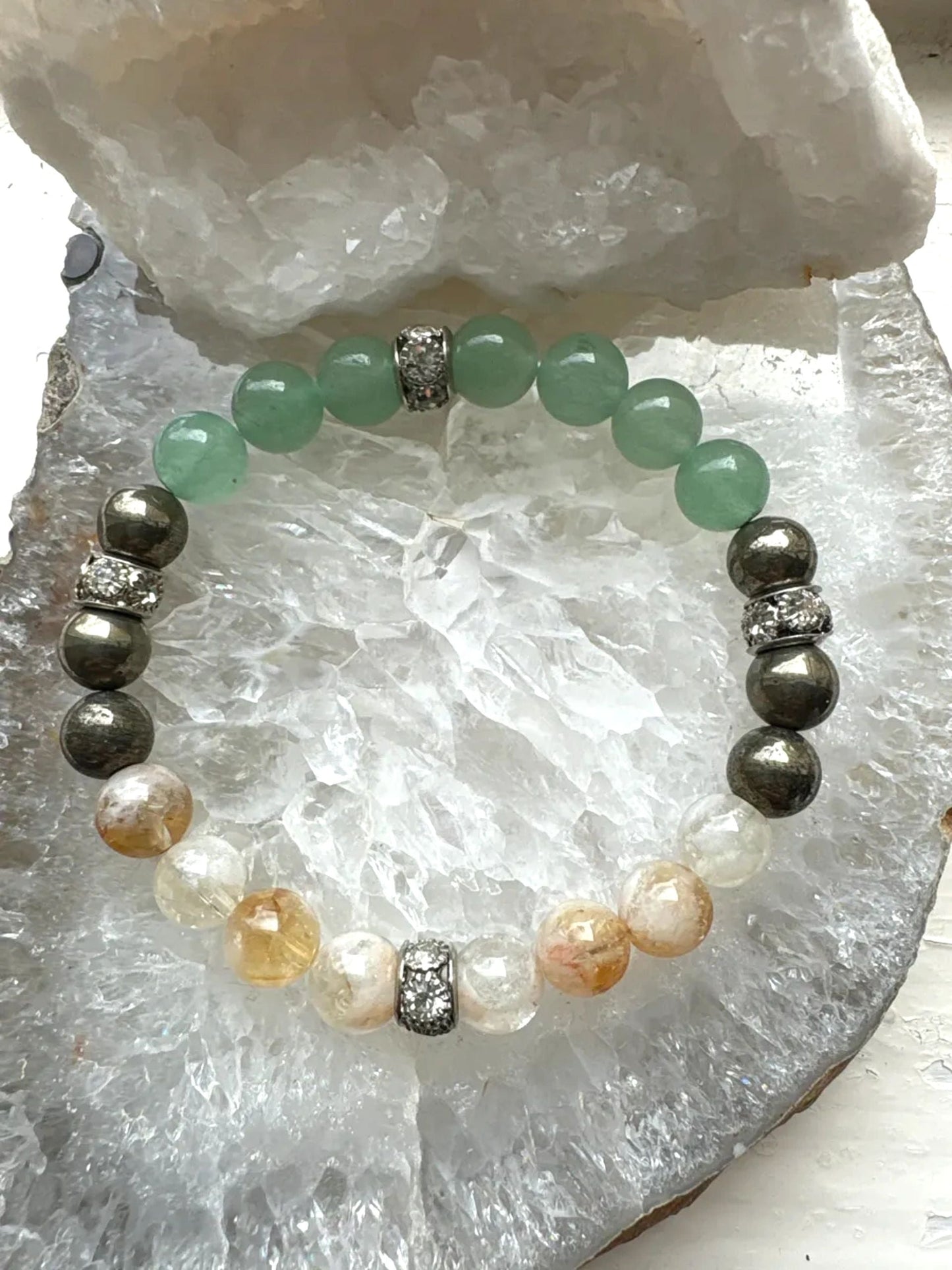 Aventurine, Pyrite & Citrine Bracelet with Silver Rhinestone Accents – 8mm