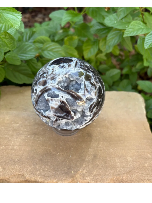 💎2.1 lb. Sphalerite Sphere with Sparkling Blue-Grey Druzy – Grounding, Transformation & Cosmic Glow Balance | Energy | Protection