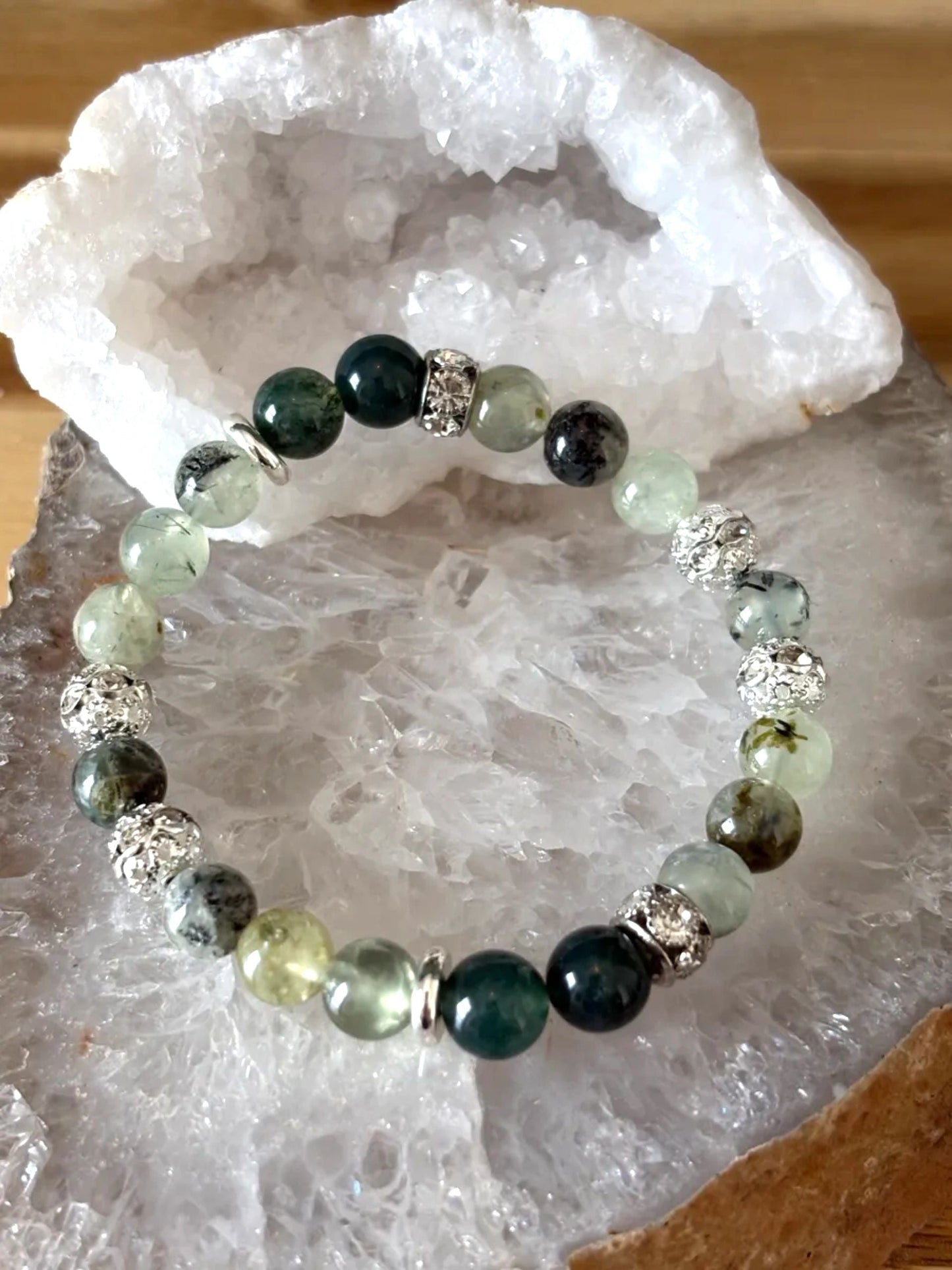 Prehnite & Moss Agate Bracelet Set with Stainless Steel Silver & Silver-Tone Rhinestone Accents – 8mm (Set of 2)