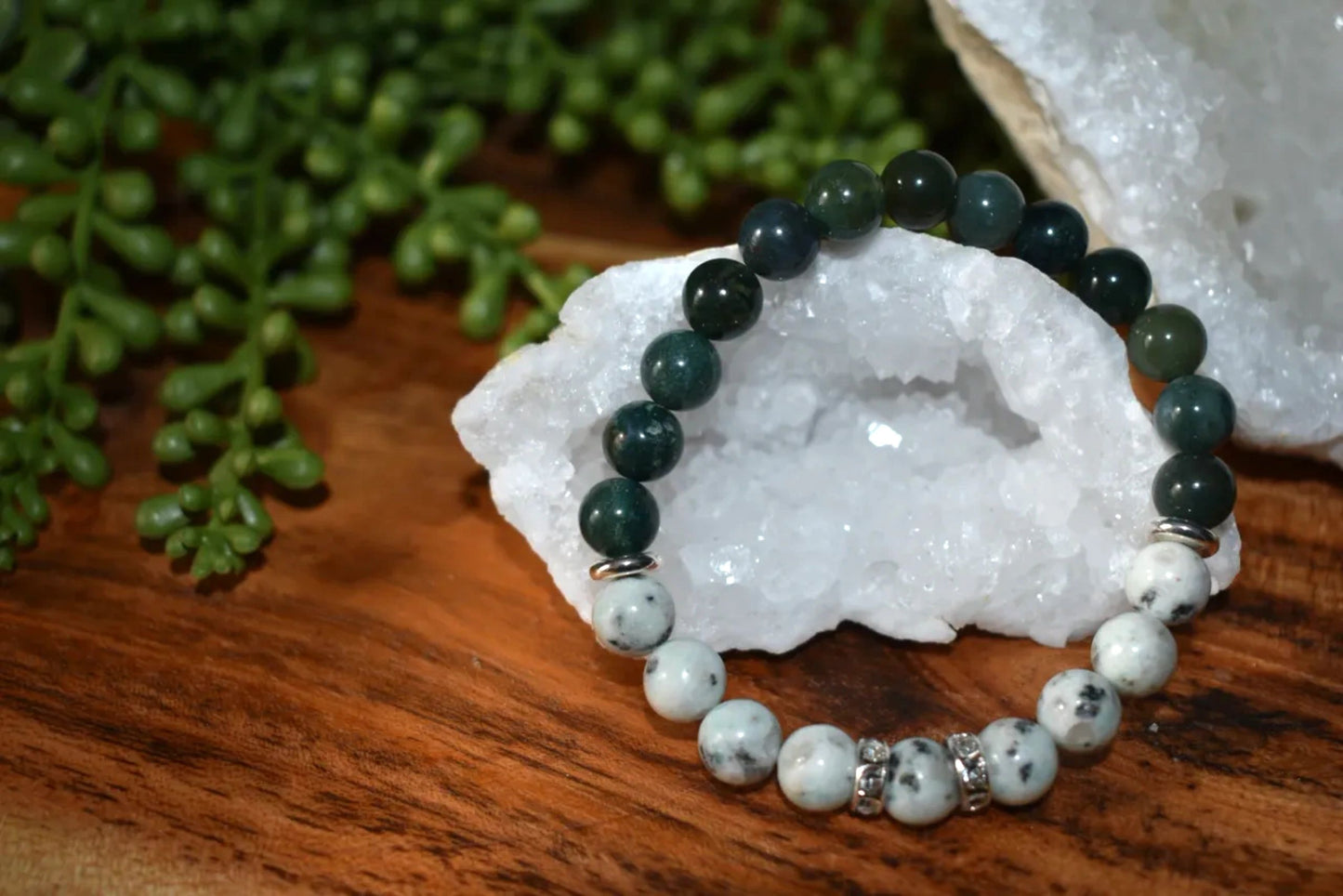 8mm Green Jasper & Lotus Jasper Crystal Bracelet – Grounding • Growth • Emotional Balance