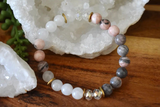 8mm Pink Zebra Jasper & Milky Quartz Crystal Bracelet – Courage • Compassion • Emotional Clarity