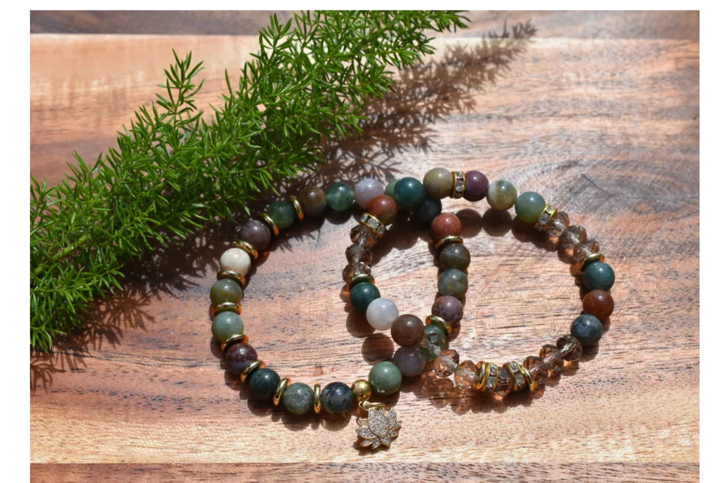 Set of 2 Indian Agate Bracelets with Gold Accents & Czech Glass Beads – 8mm