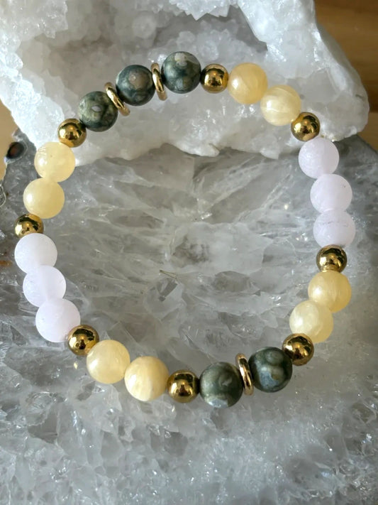 8mm Yellow Calcite, Matte Rose Quartz & Matte Rainforest Jasper Bracelet – Joy