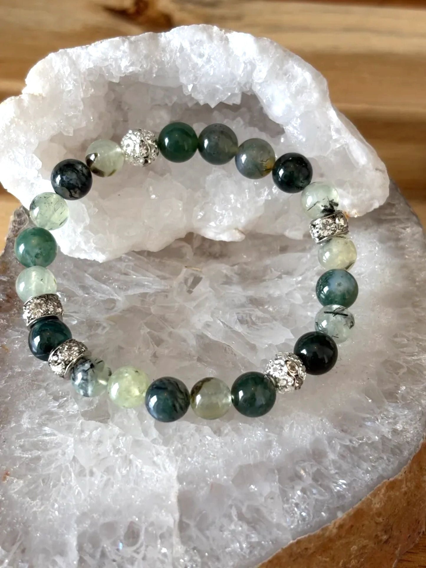 Prehnite & Moss Agate Bracelet Set with Stainless Steel Silver & Silver-Tone Rhinestone Accents – 8mm (Set of 2)