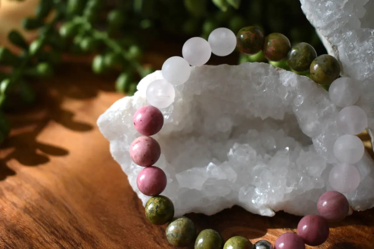 8mm Unakite, Rhodonite & Matte Rose Quartz Crystal Bracelet – Emotional Healing • Heart Balance • Gentle Strength